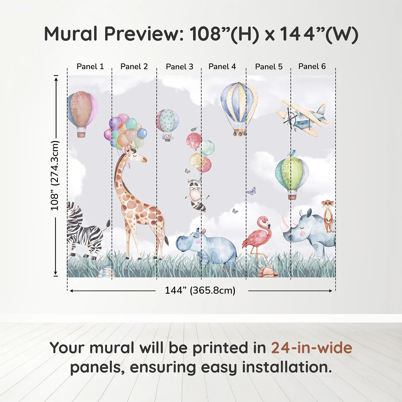 Whimsy Tots Safari Sky Parade Wall Muraldimension view (108" H x 144" W). Printed in six 24-inch-wide panels. Gender-Neutral