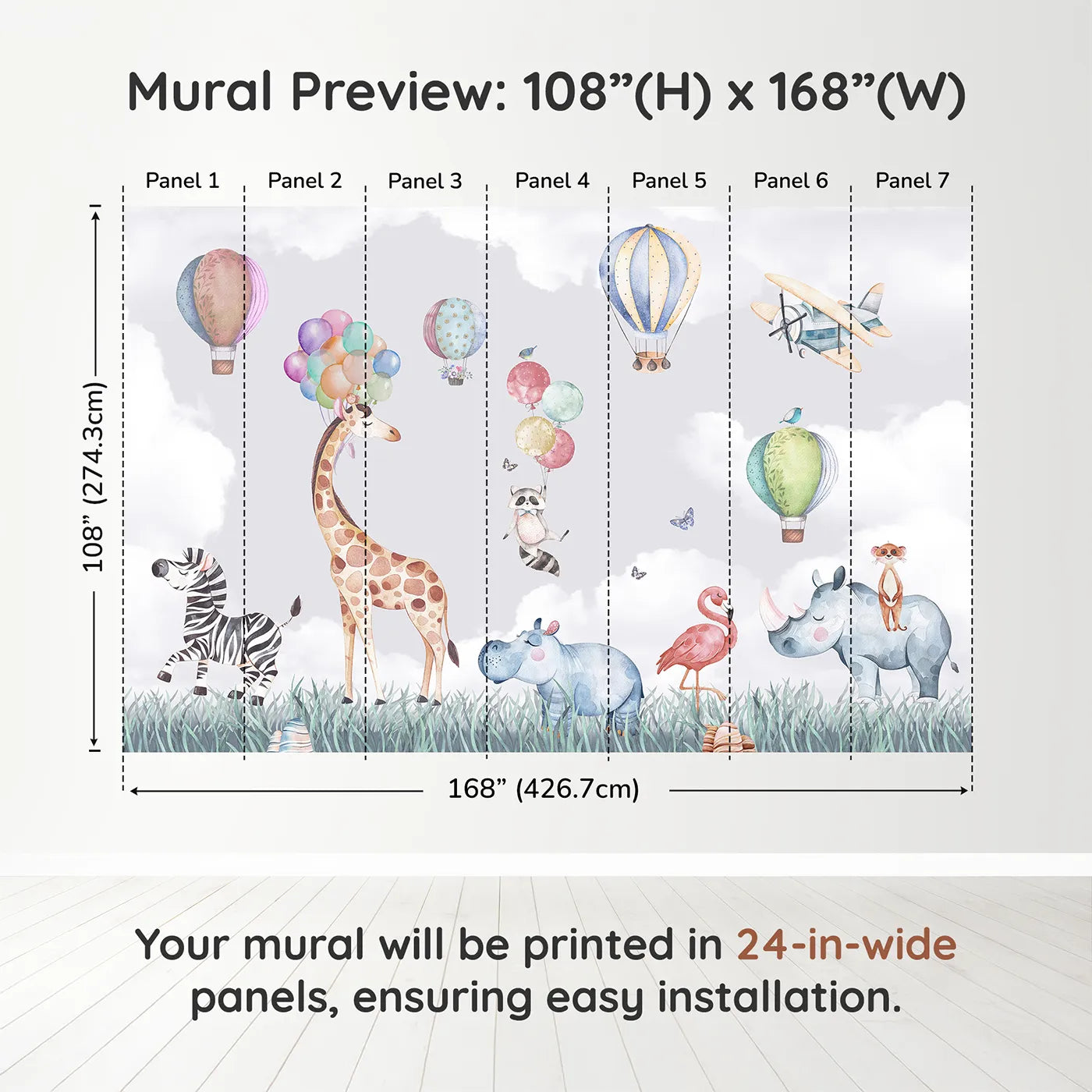 Whimsy Tots Safari Sky Parade Wall Muraldimension view (108" H x 168" W). Printed in seven 24-inch-wide panels. Gender-Neutral