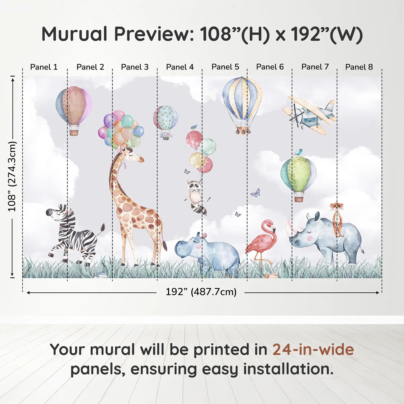 Whimsy Tots Safari Sky Parade Wall Muraldimension view (108" H x 192" W). Printed in eight 24-inch-wide panels. Gender-Neutral
