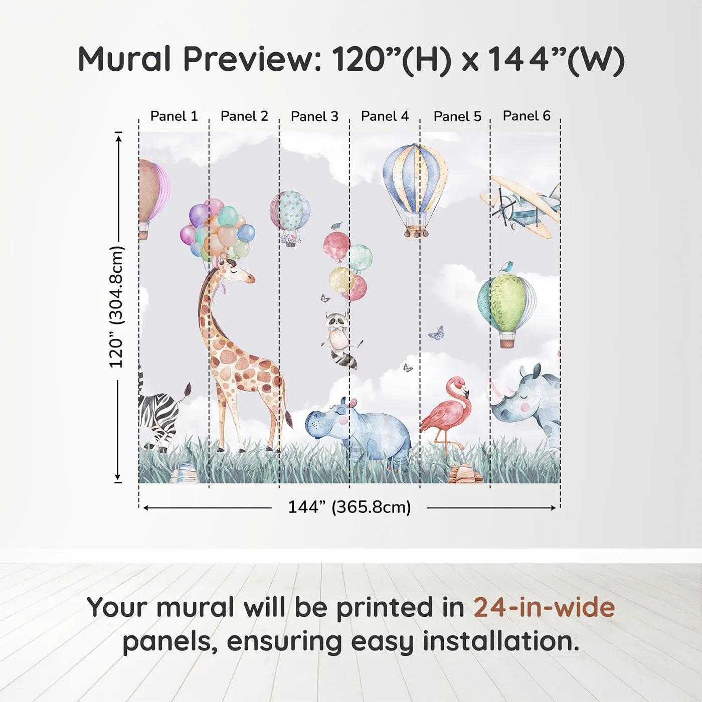 Whimsy Tots Safari Sky Parade Wall Muraldimension view (120" H x 144" W). Printed in six 24-inch-wide panels. Gender-Neutral