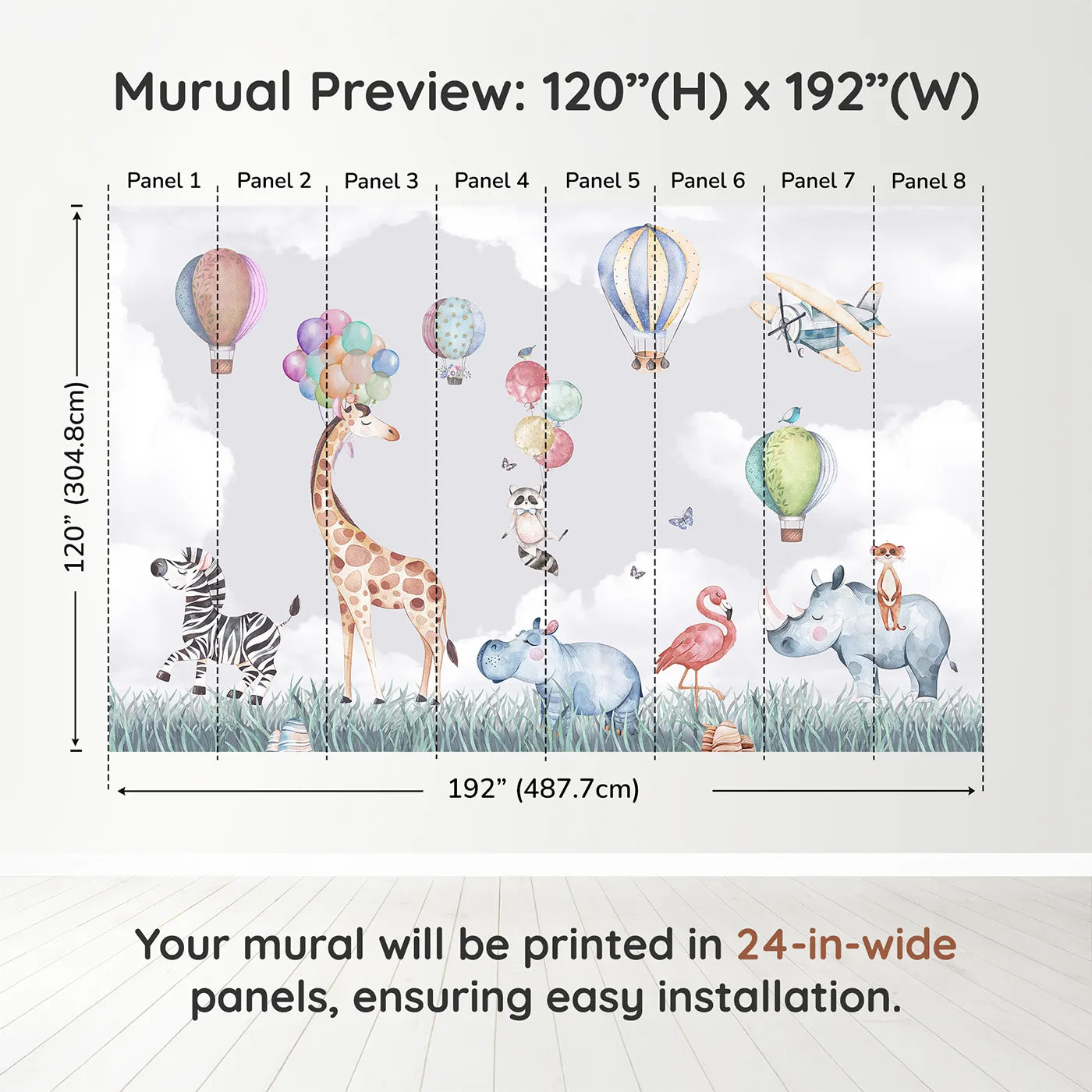 Whimsy Tots Safari Sky Parade Wall Muraldimension view (120" H x 192" W). Printed in eight 24-inch-wide panels. Gender-Neutral