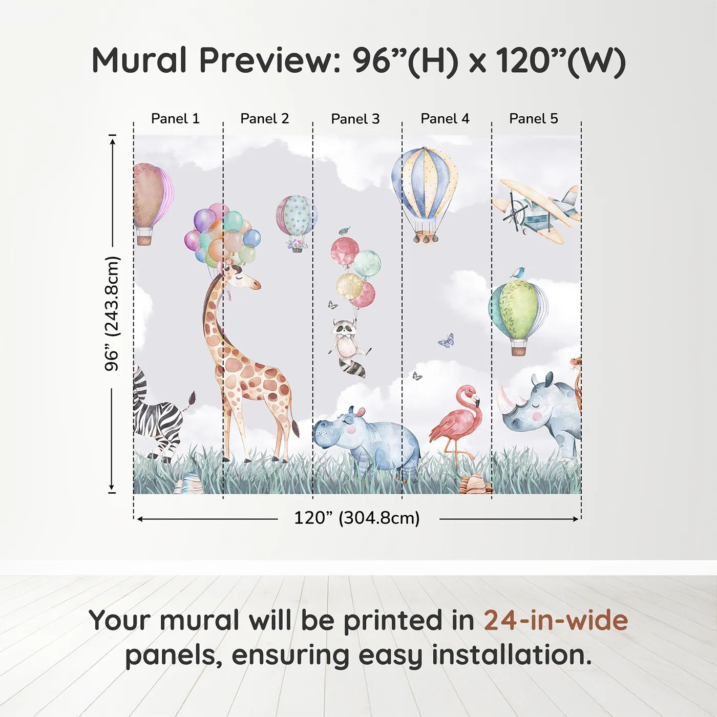 Whimsy Tots Safari Sky Parade Wall Muraldimension view (96" H x 120" W). Printed in five 24-inch-wide panels. Gender-Neutral