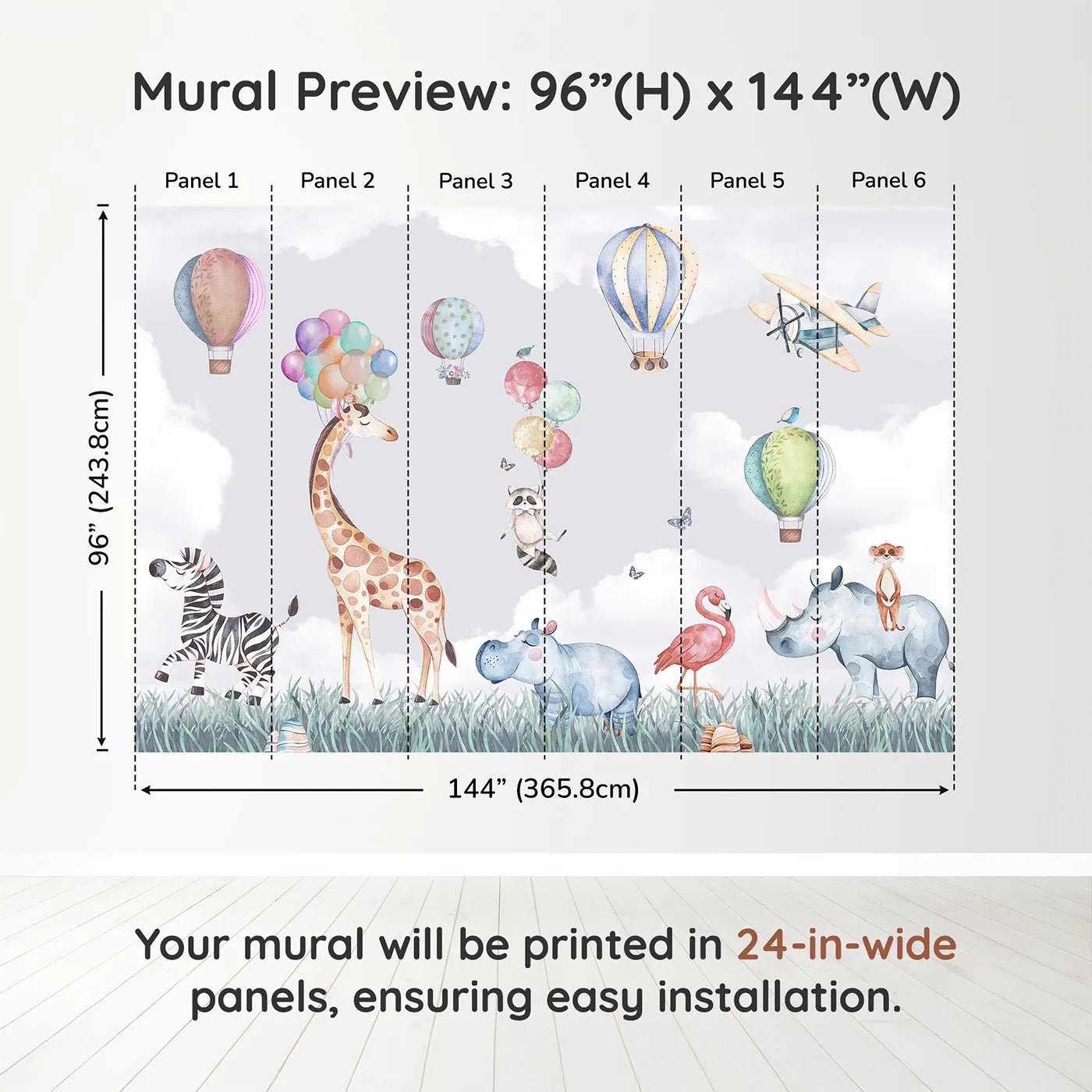 Whimsy Tots Safari Sky Parade Wall Muraldimension view (96" H x 144" W). Printed in six 24-inch-wide panels. Gender-Neutral