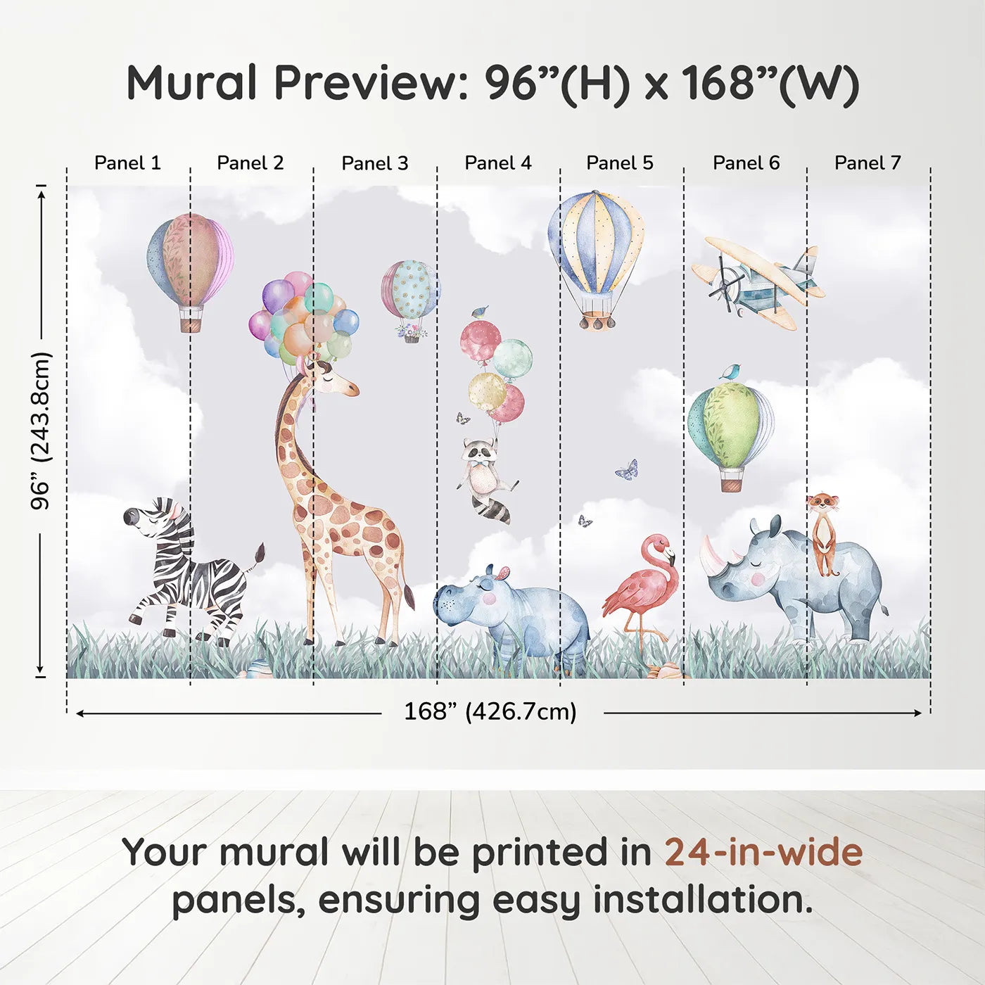 Whimsy Tots Safari Sky Parade Wall Muraldimension view (96" H x 168" W). Printed in seven 24-inch-wide panels. Gender-Neutral