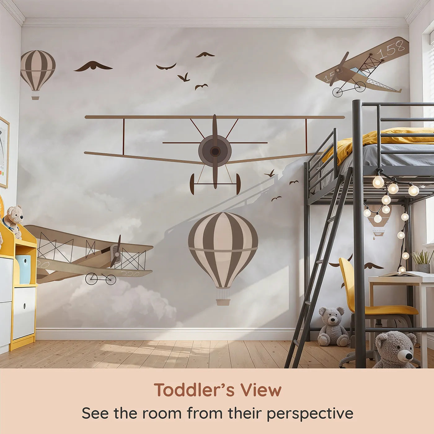 Whimsy Tots Vintage Sky Fleet Wall Mural in Brown (Turn Their Room into a Nostalgic, Cloudy Day of Flying) from your child's view.Gender-Neutral