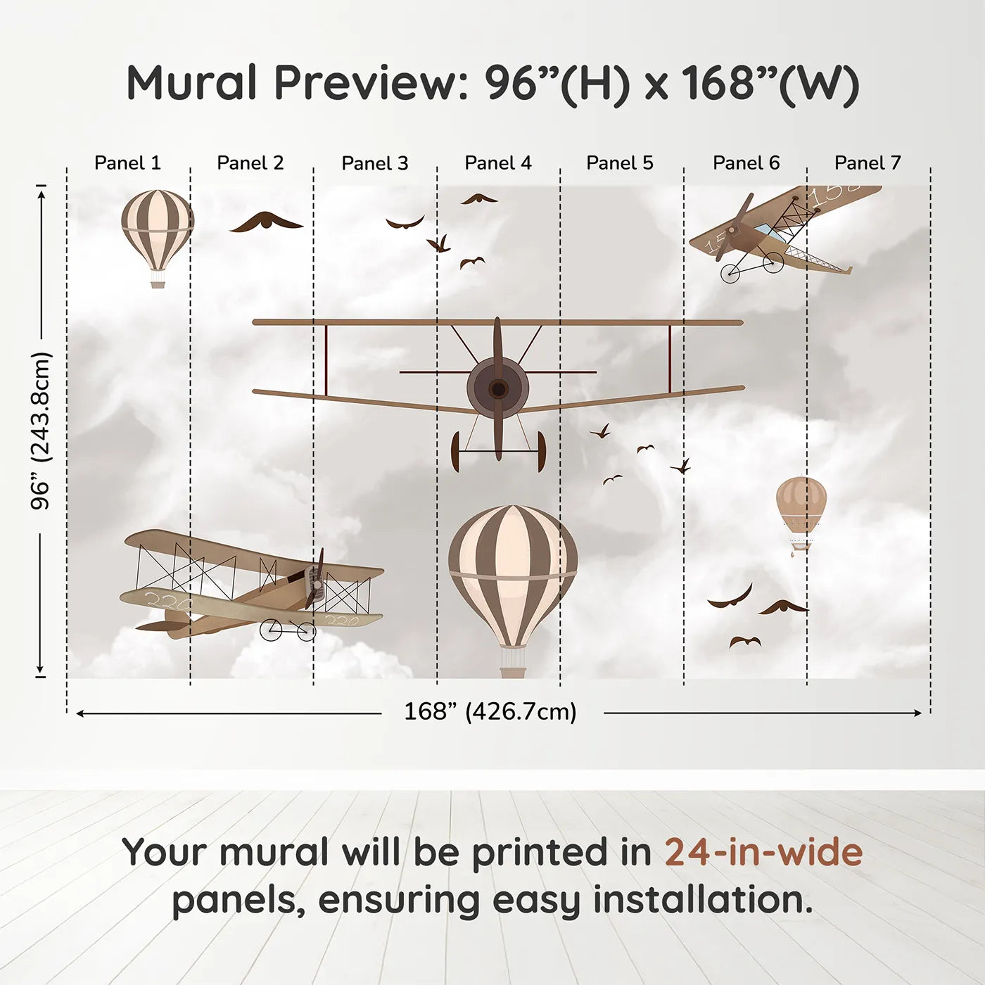 Whimsy Tots Vintage Sky Fleet Wall Mural in Browndimension view (96" H x 168" W). Printed in seven 24-inch-wide panels. Gender-Neutral