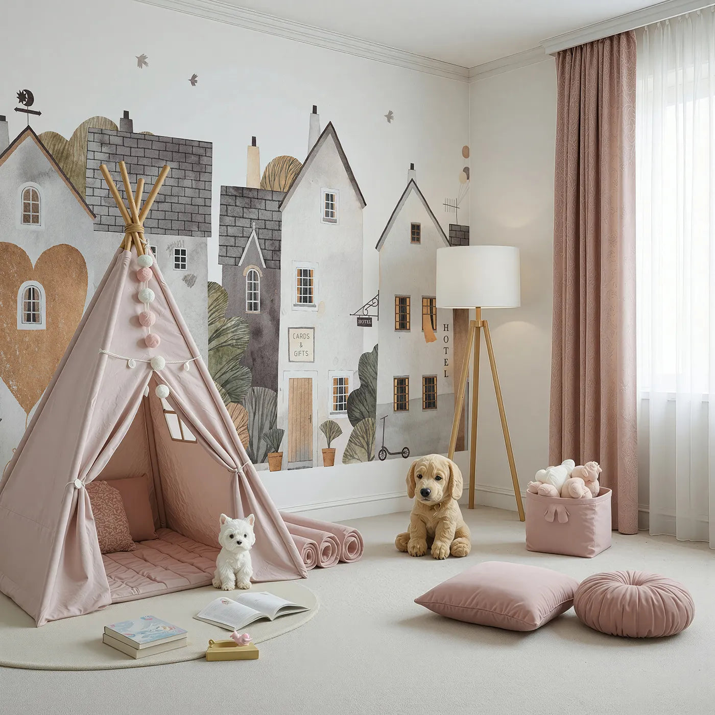 Angled view of Whimsy Tots' Cozy Town Wall Mural (Turn Their Room into the Sweetest, Most Charming Village).Gender-Neutral