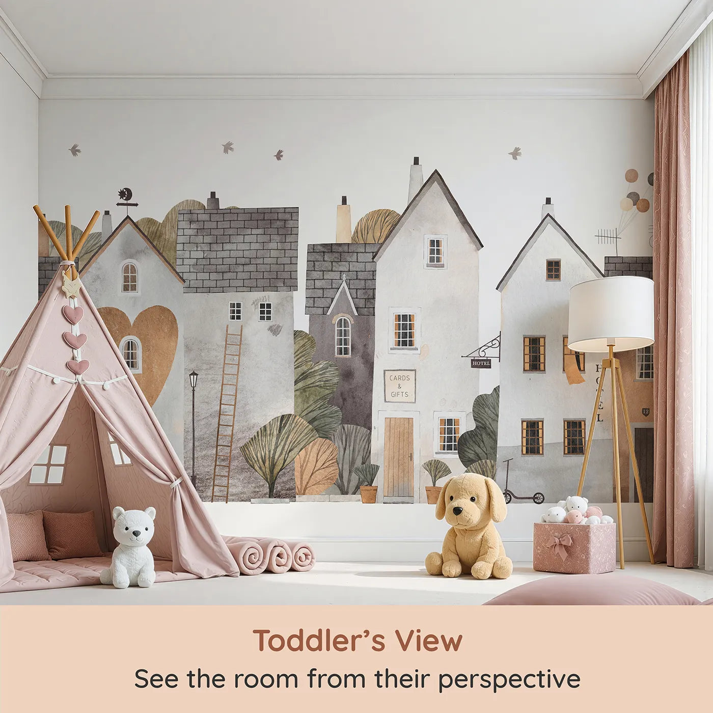 Whimsy Tots Cozy Town Wall Mural (Turn Their Room into the Sweetest, Most Charming Village) from your child's view.Gender-Neutral