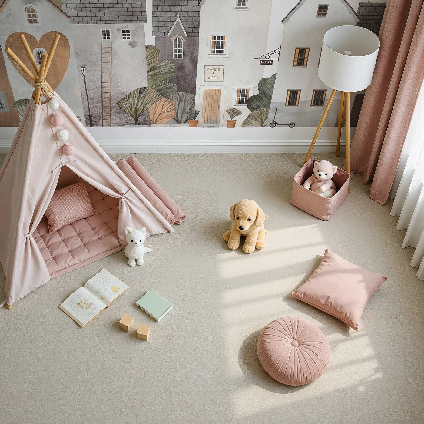 Top-down view of Whimsy Tots' Cozy Town Wall Mural (Turn Their Room into the Sweetest, Most Charming Village).Gender-Neutral