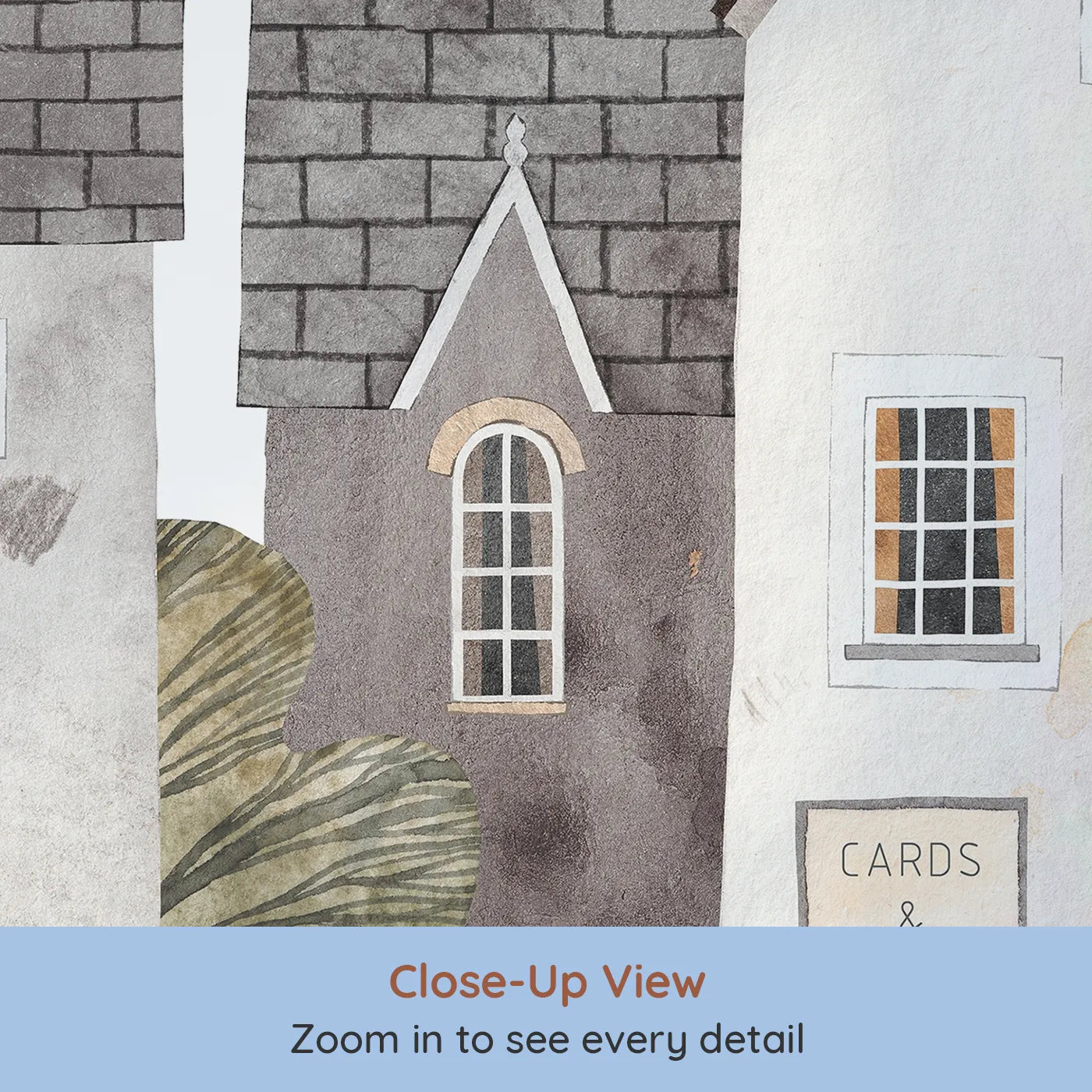 Close-up view of Whimsy Tots' Cozy Town Wall Mural (Turn Their Room into the Sweetest, Most Charming Village).Gender-Neutral