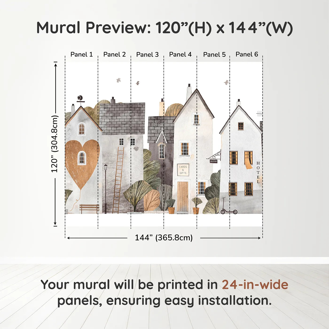 Whimsy Tots Cozy Town Wall Muraldimension view (120" H x 144" W). Printed in six 24-inch-wide panels. Gender-Neutral