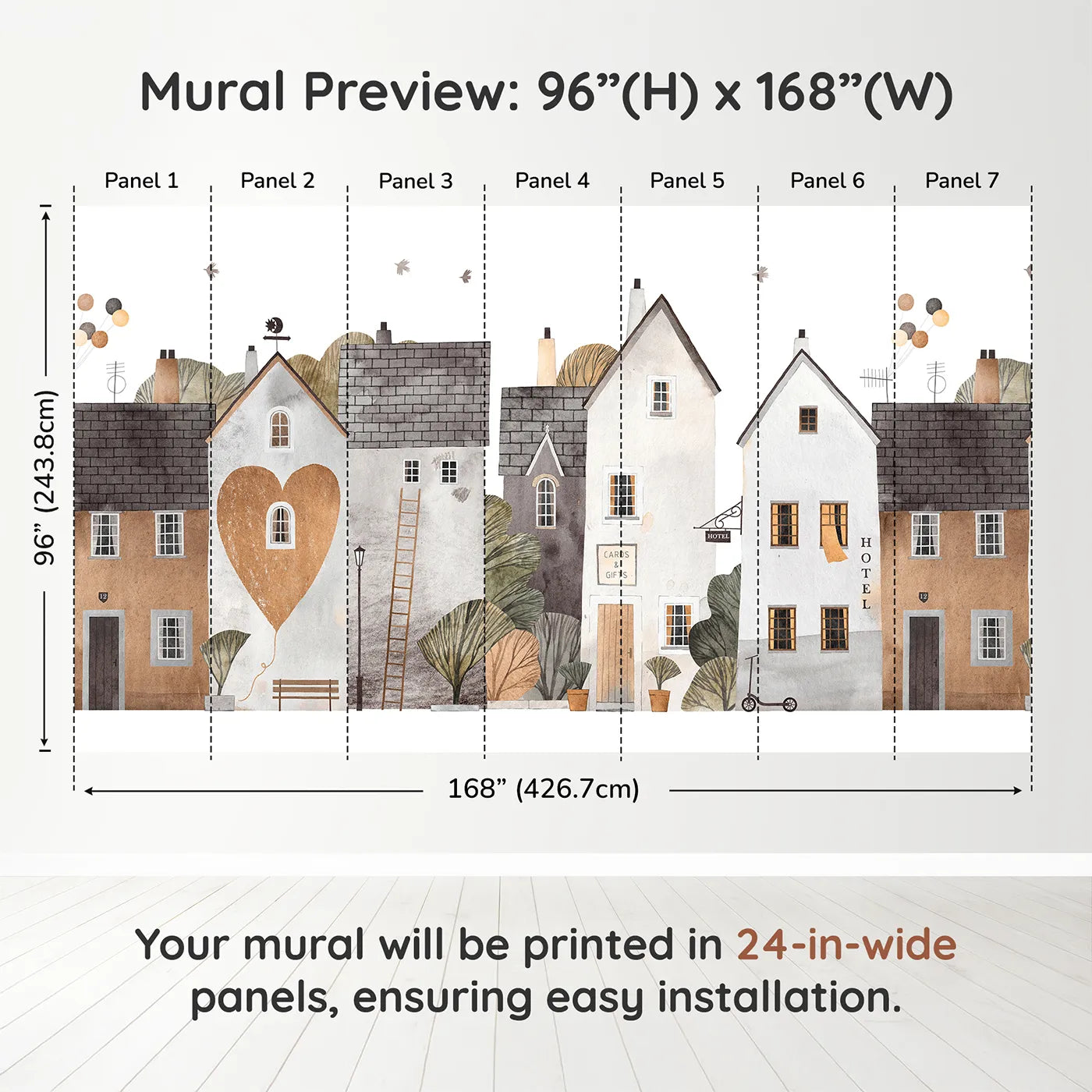 Whimsy Tots Cozy Town Wall Muraldimension view (96" H x 168" W). Printed in seven 24-inch-wide panels. Gender-Neutral