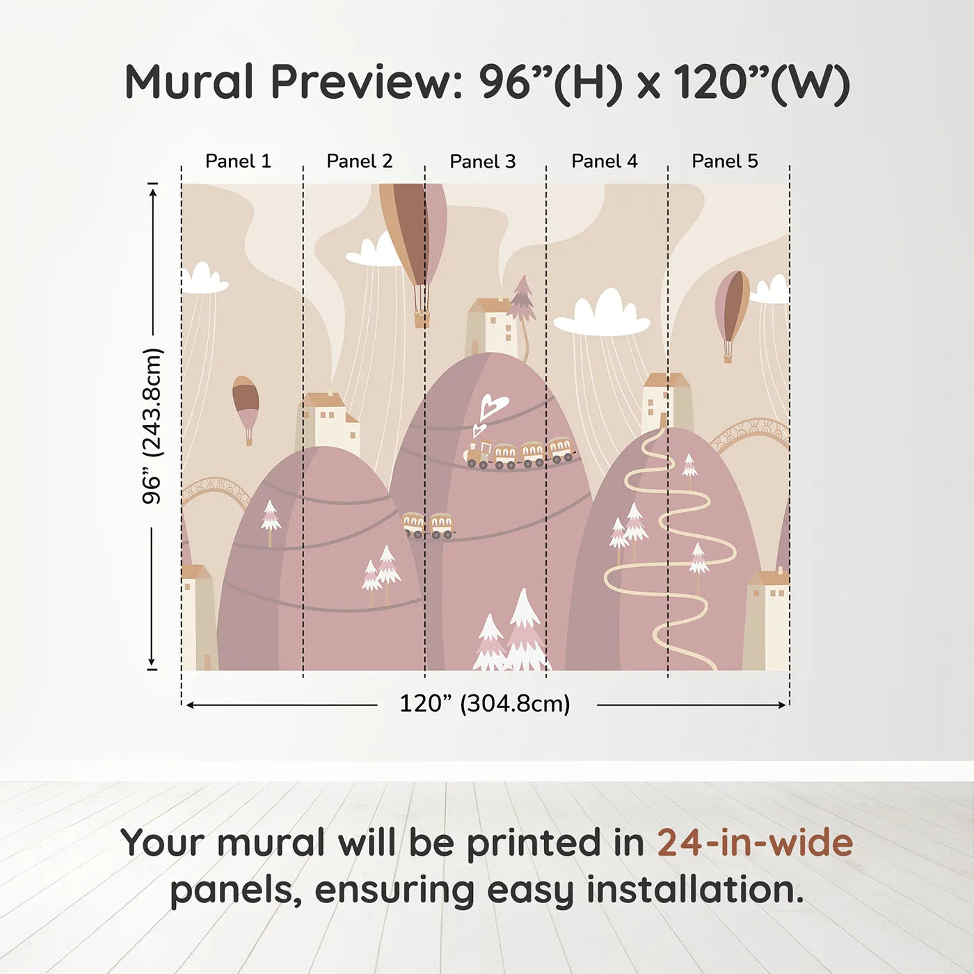 Whimsy Tots Mountain Train Adventure Wall Mural in Pinkdimension view (96" H x 120" W). Printed in five 24-inch-wide panels. Gender-Neutral