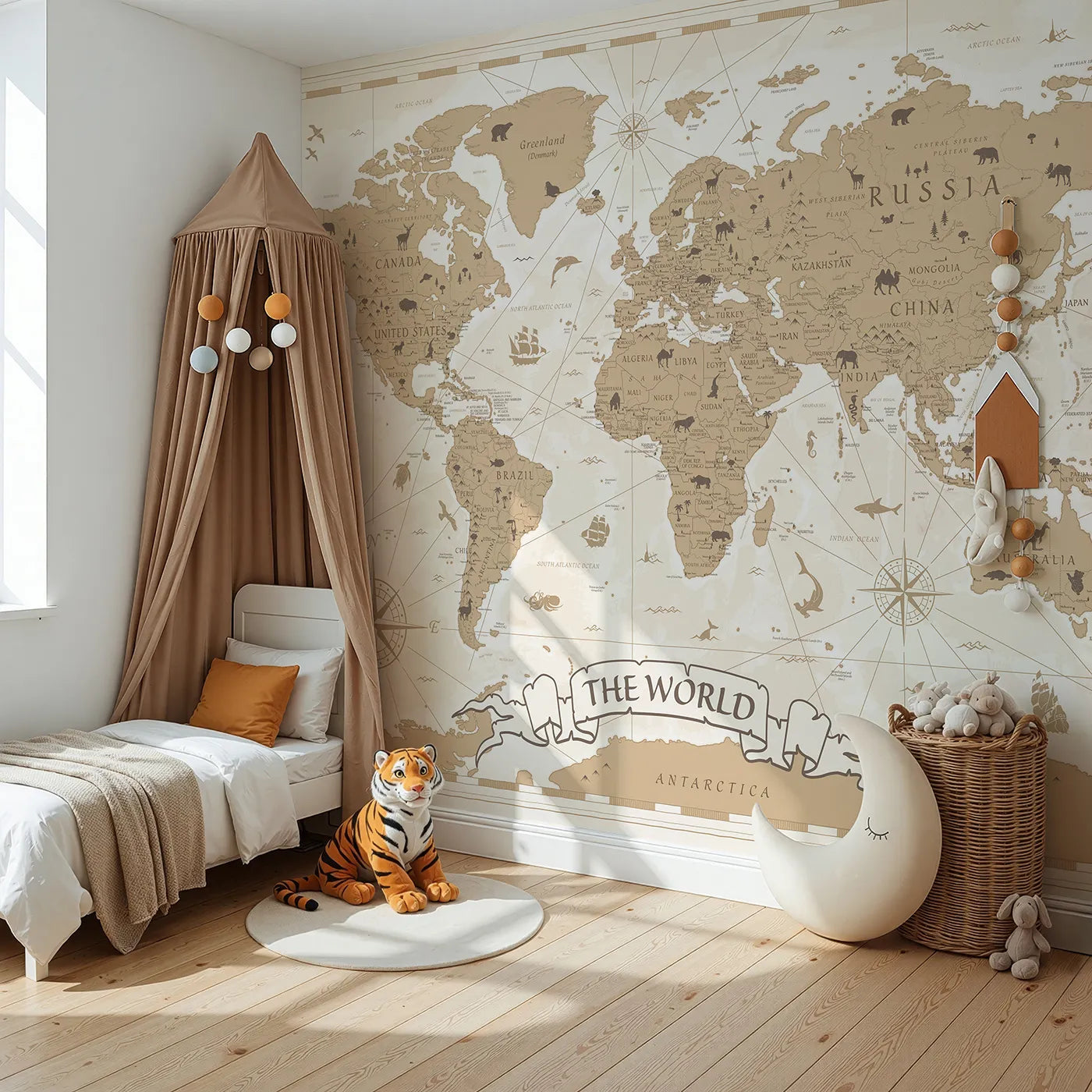 Angled view of Whimsy Tots' Vintage World Map Wall Mural (Turn Their Room into a Classic Explorer's Chart Room).Gender-Neutral