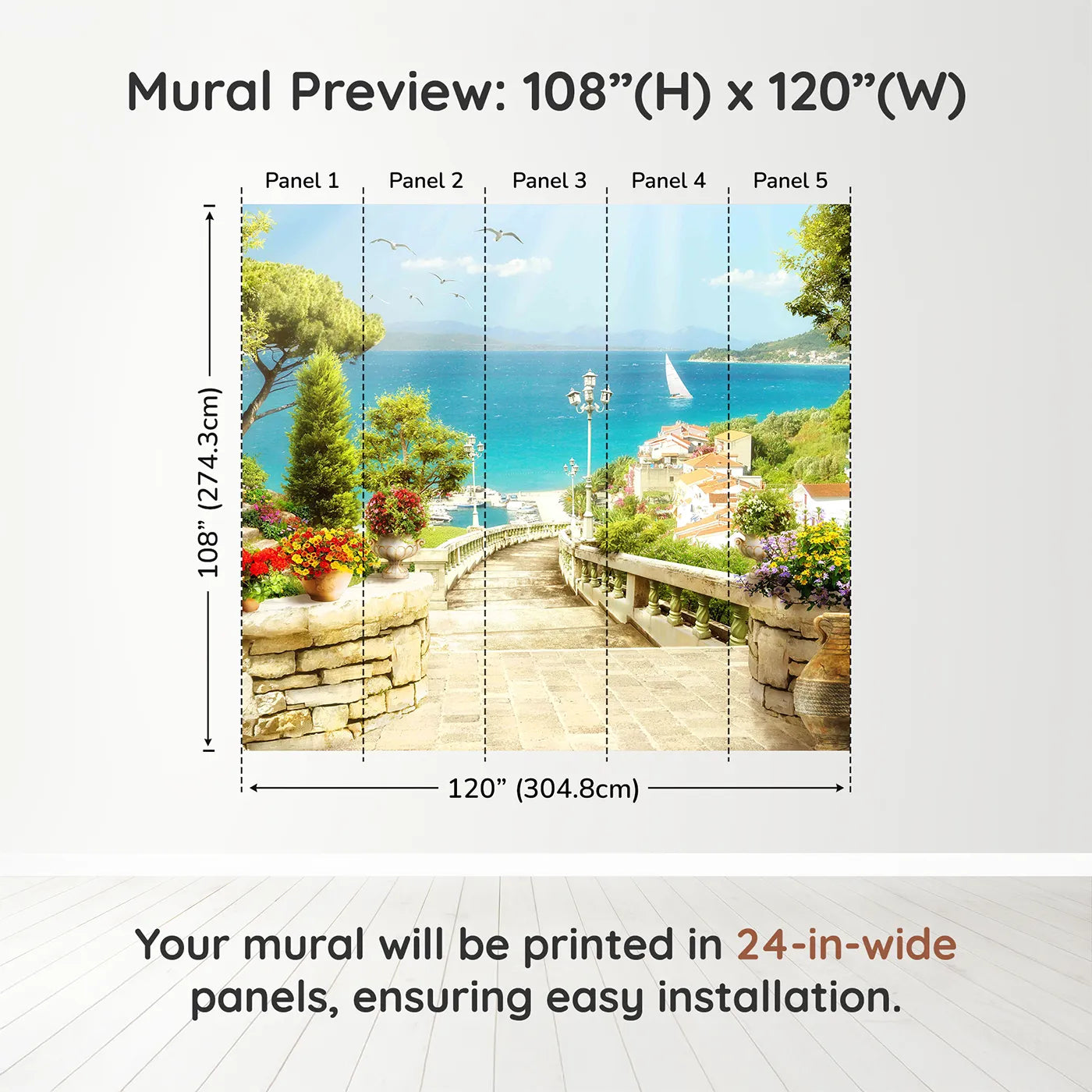 Whimsy Tots Mediterranean Steps Wall Muraldimension view (108" H x 120" W). Printed in five 24-inch-wide panels. Gender-Neutral
