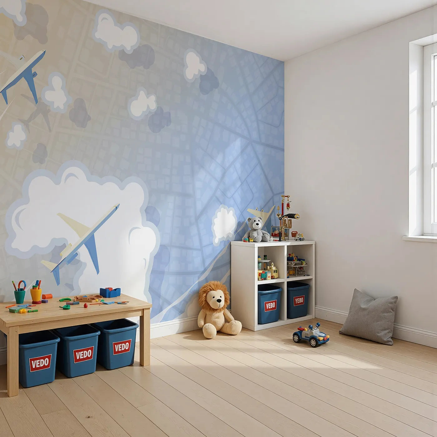 Angled view of Whimsy Tots' City Flyover Wall Mural (Turn Their Room into a High-Flying Urban Adventure).Gender-Neutral