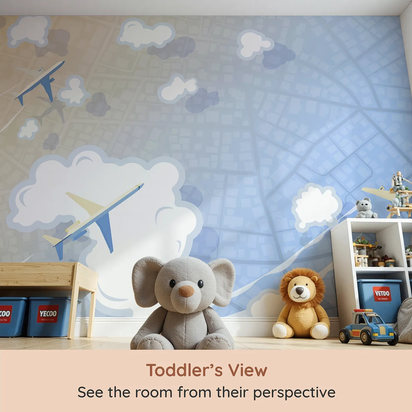 Whimsy Tots City Flyover Wall Mural (Turn Their Room into a High-Flying Urban Adventure) from your child's view.Gender-Neutral