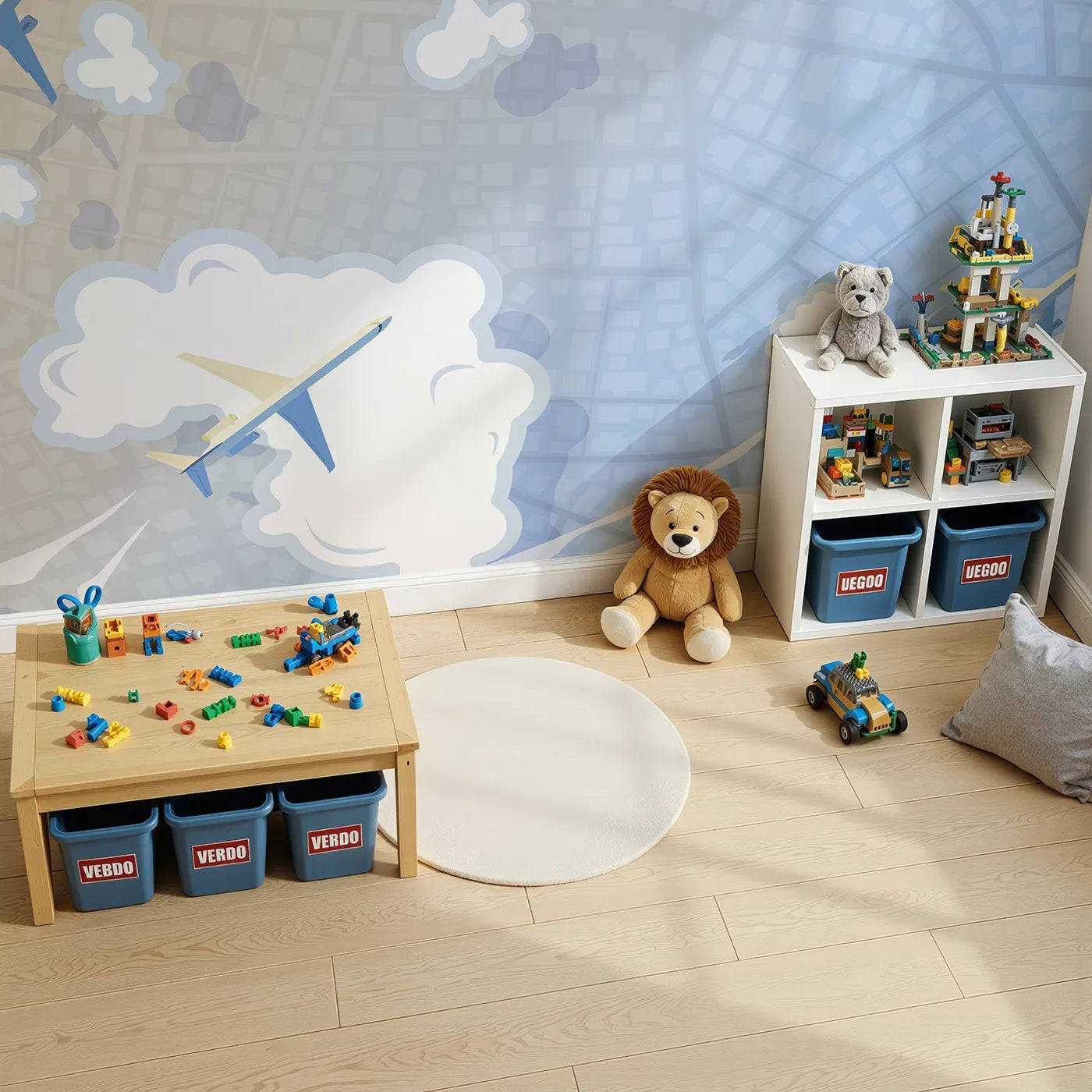Top-down view of Whimsy Tots' City Flyover Wall Mural (Turn Their Room into a High-Flying Urban Adventure).Gender-Neutral