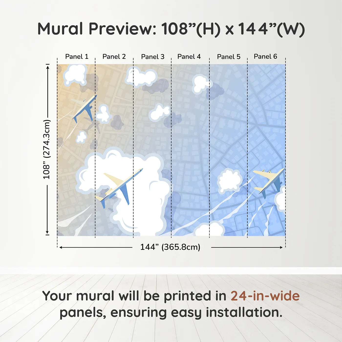 Whimsy Tots City Flyover Wall Muraldimension view (108" H x 144" W). Printed in six 24-inch-wide panels. Gender-Neutral
