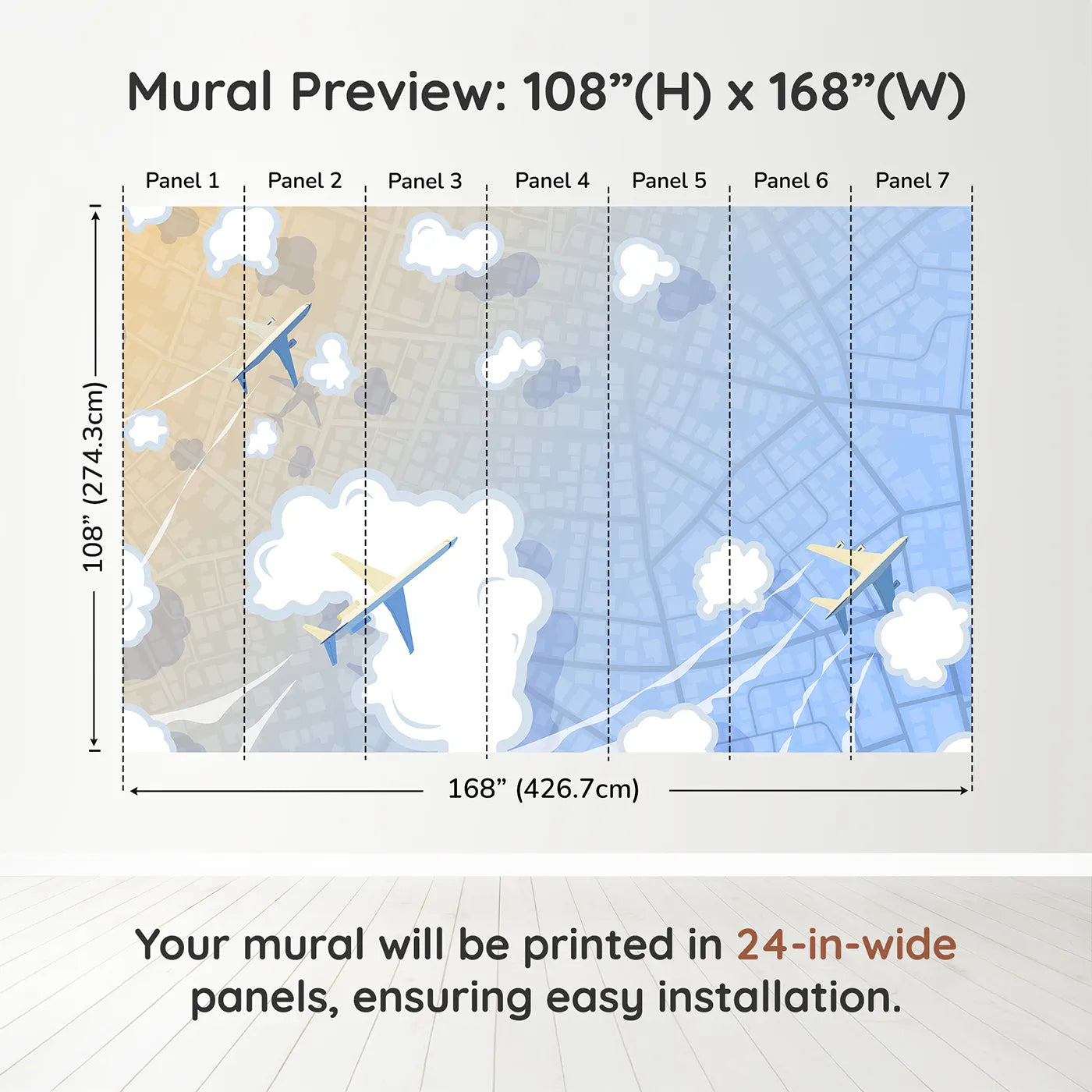 Whimsy Tots City Flyover Wall Muraldimension view (108" H x 168" W). Printed in seven 24-inch-wide panels. Gender-Neutral