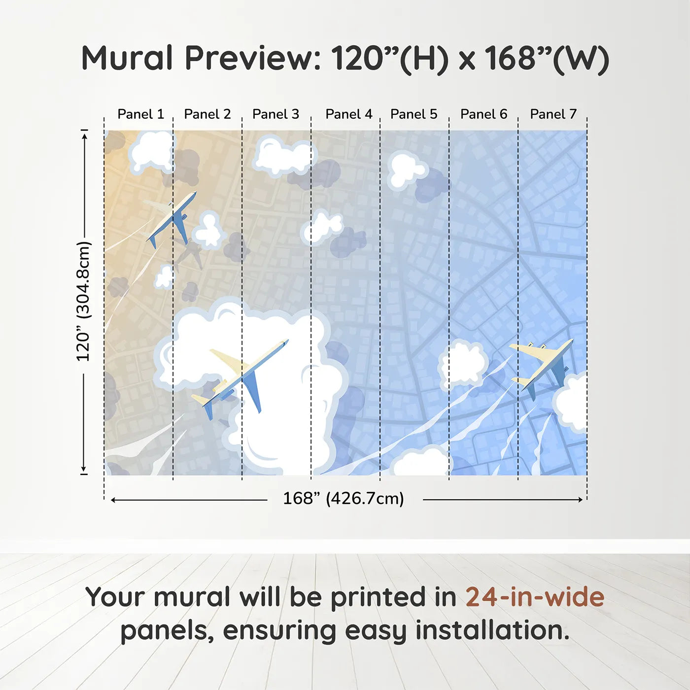 Whimsy Tots City Flyover Wall Muraldimension view (120" H x 168" W). Printed in seven 24-inch-wide panels. Gender-Neutral