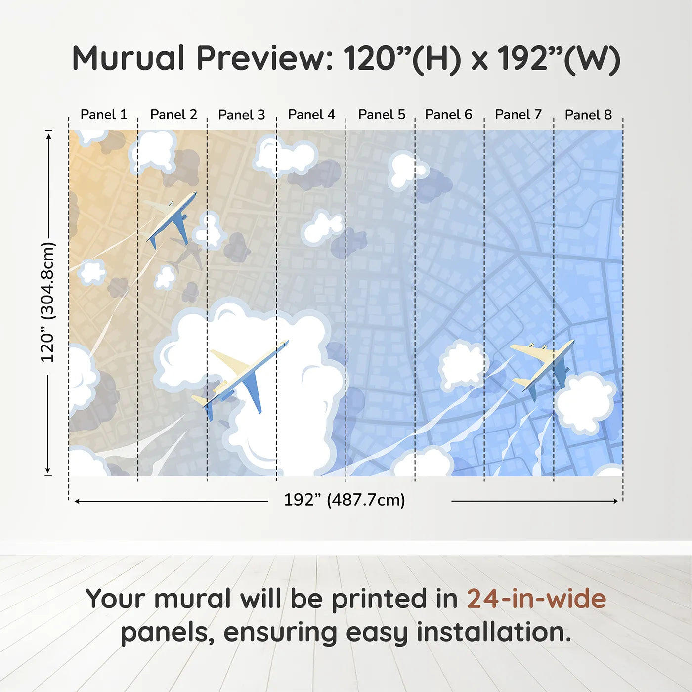 Whimsy Tots City Flyover Wall Muraldimension view (120" H x 192" W). Printed in eight 24-inch-wide panels. Gender-Neutral
