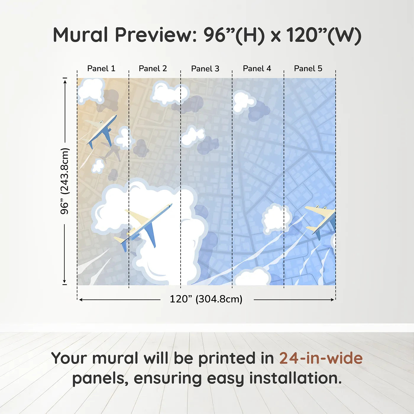 Whimsy Tots City Flyover Wall Muraldimension view (96" H x 120" W). Printed in five 24-inch-wide panels. Gender-Neutral