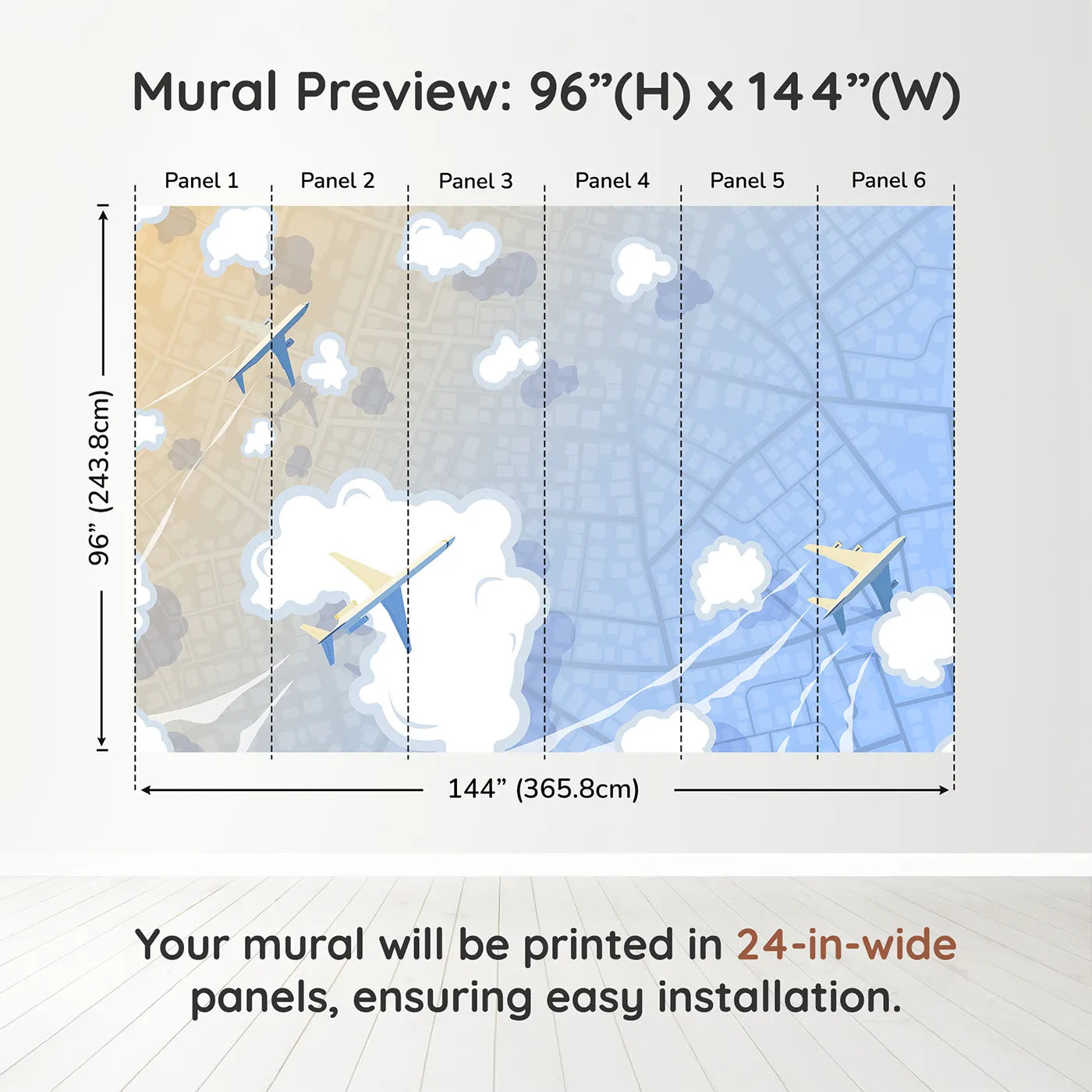 Whimsy Tots City Flyover Wall Muraldimension view (96" H x 144" W). Printed in six 24-inch-wide panels. Gender-Neutral