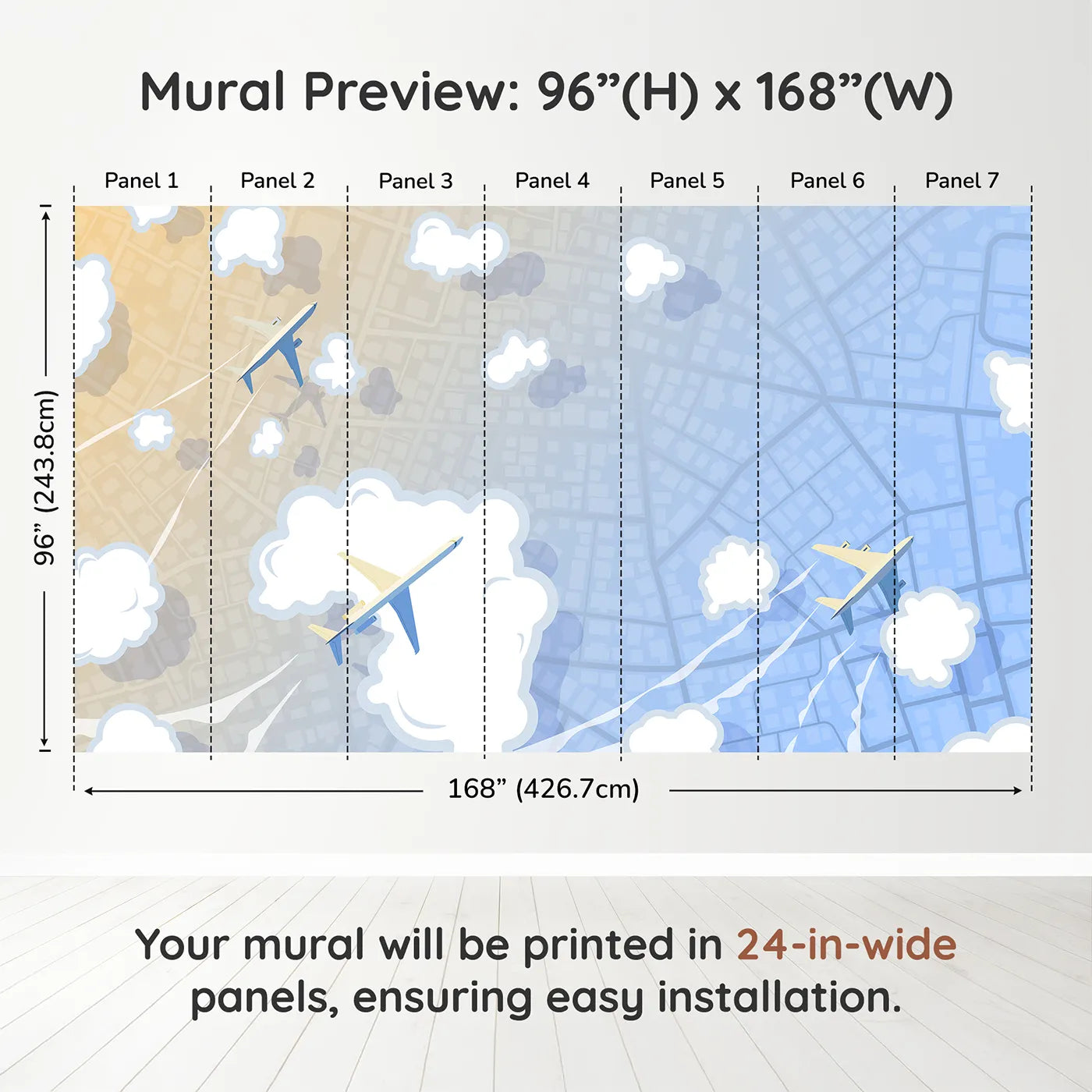 Whimsy Tots City Flyover Wall Muraldimension view (96" H x 168" W). Printed in seven 24-inch-wide panels. Gender-Neutral