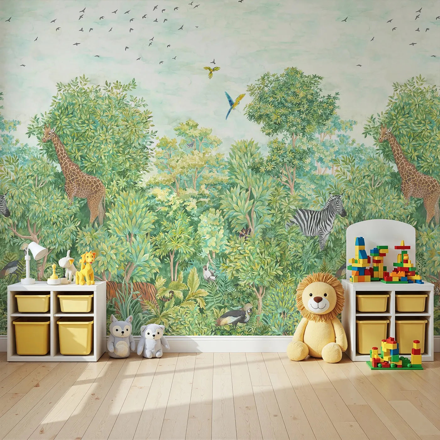 Angled view of Whimsy Tots' Lush Jungle Panorama Wall Mural (Turn Their Room into a Verdant, Lifelike Rainforest).Gender-Neutral