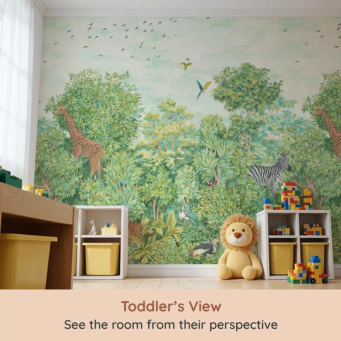 Whimsy Tots Lush Jungle Panorama Wall Mural (Turn Their Room into a Verdant, Lifelike Rainforest) from your child's view.Gender-Neutral