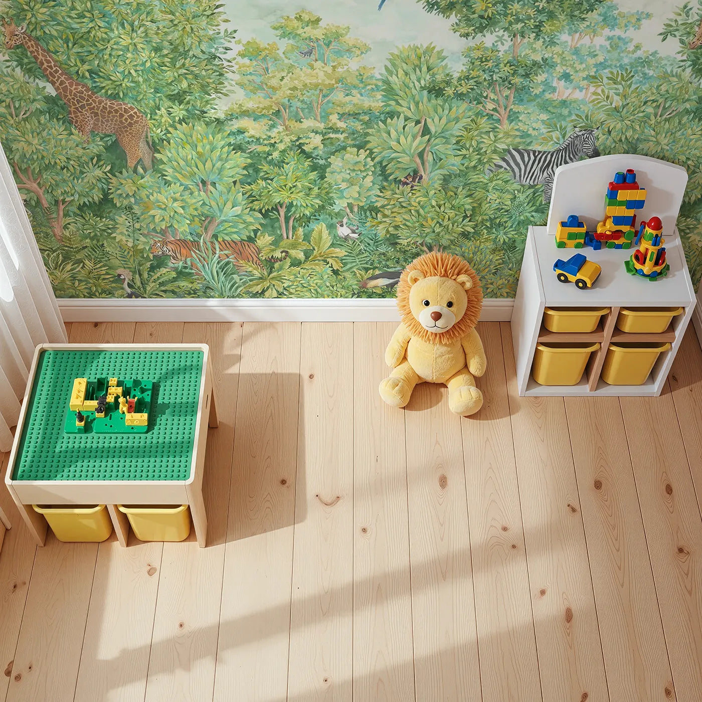 Top-down view of Whimsy Tots' Lush Jungle Panorama Wall Mural (Turn Their Room into a Verdant, Lifelike Rainforest).Gender-Neutral
