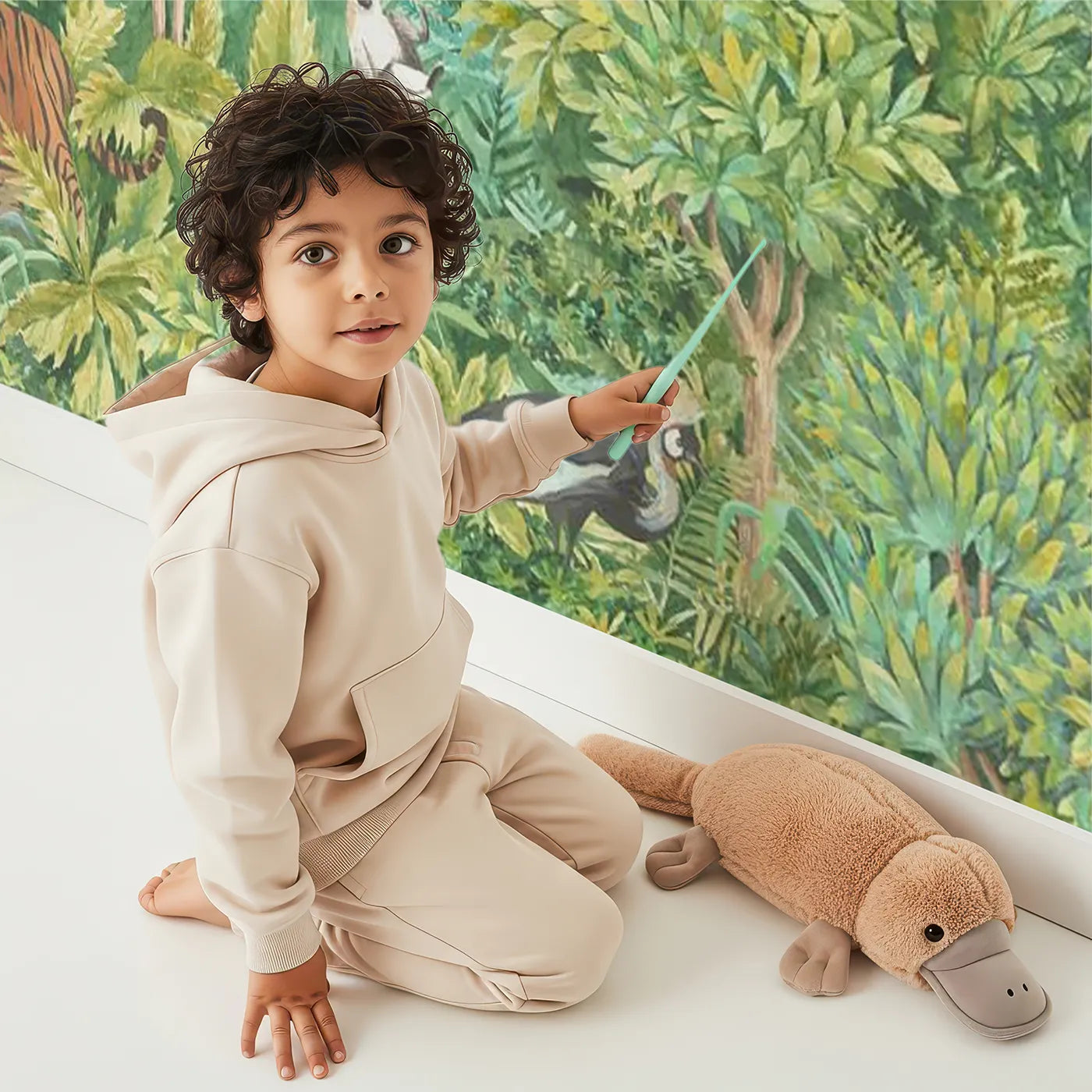 Child in front of Whimsy Tots Lush Jungle Panorama Wall Mural with jungle, safari, realistic, animal, giraffe, zebra, green, tropical in design.