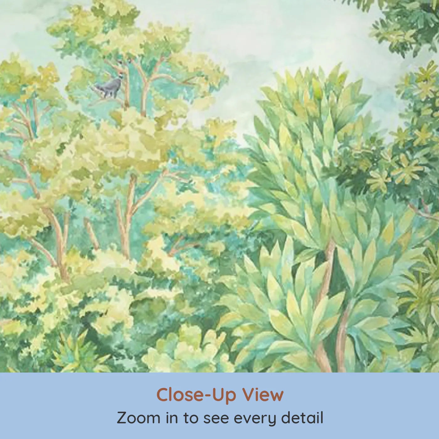 Close-up view of Whimsy Tots' Lush Jungle Panorama Wall Mural (Turn Their Room into a Verdant, Lifelike Rainforest).Gender-Neutral