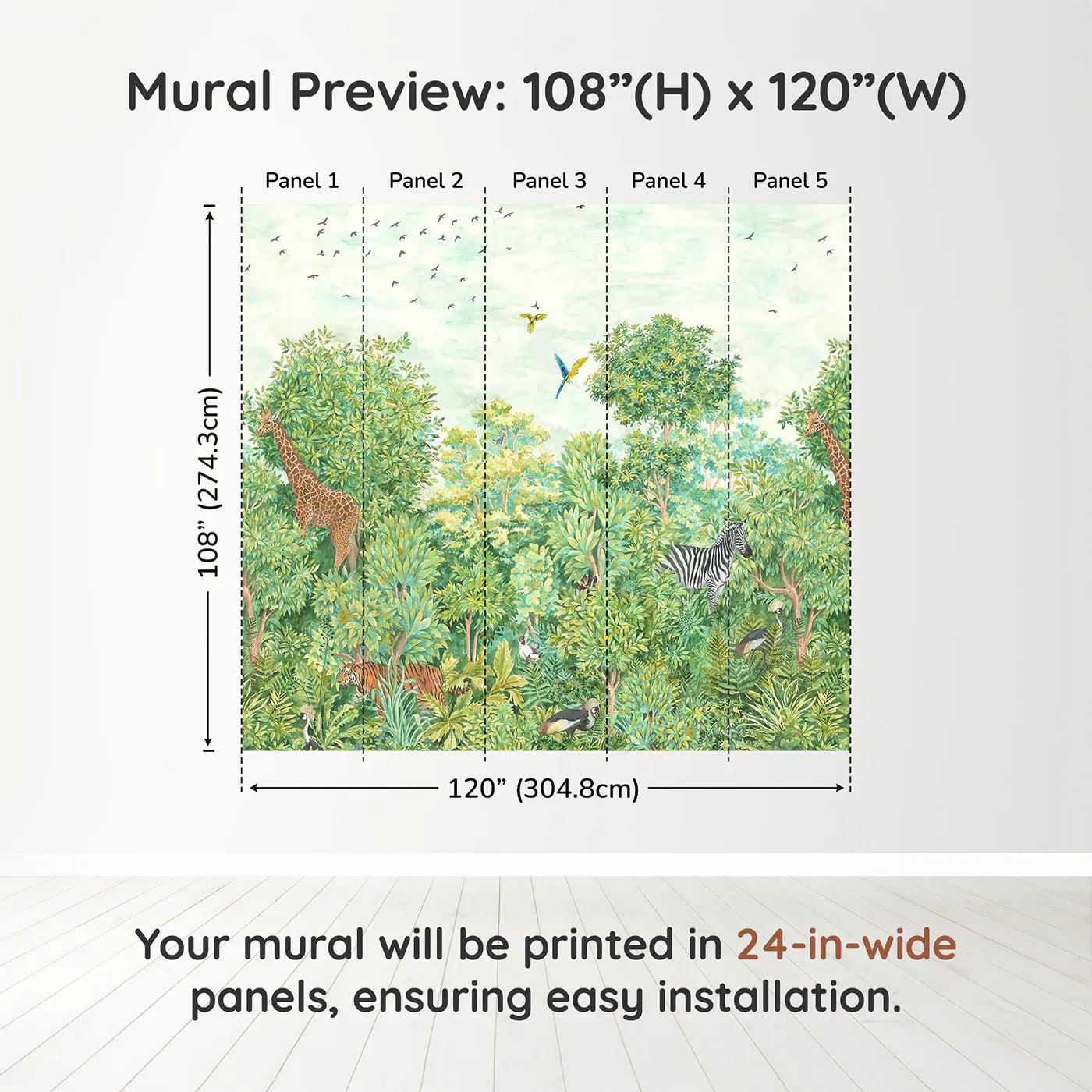 Whimsy Tots Lush Jungle Panorama Wall Muraldimension view (108" H x 120" W). Printed in five 24-inch-wide panels. Gender-Neutral