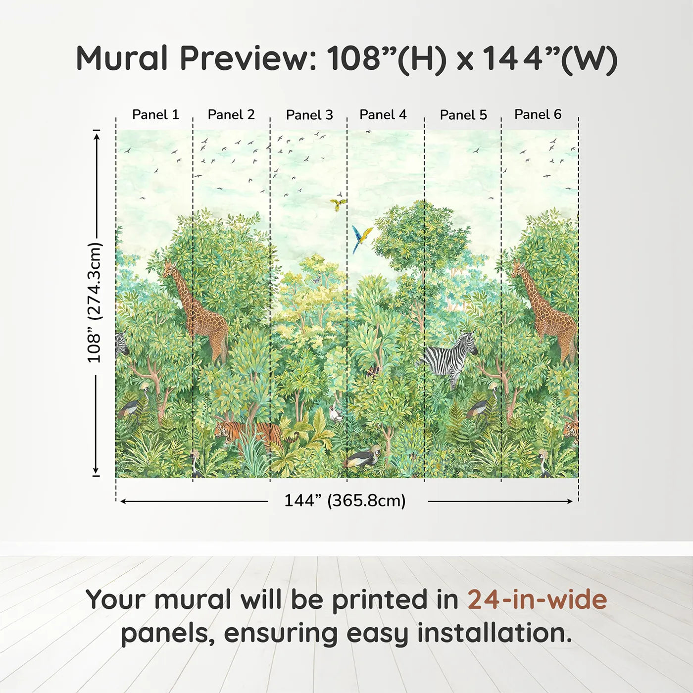 Whimsy Tots Lush Jungle Panorama Wall Muraldimension view (108" H x 144" W). Printed in six 24-inch-wide panels. Gender-Neutral
