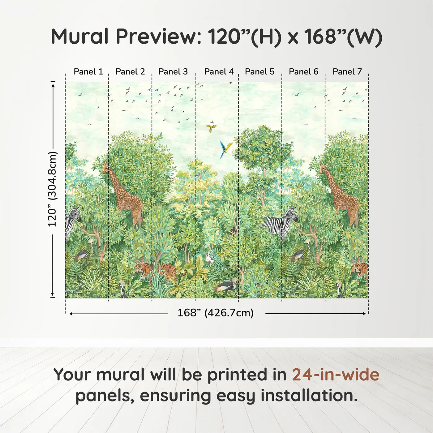 Whimsy Tots Lush Jungle Panorama Wall Muraldimension view (120" H x 168" W). Printed in seven 24-inch-wide panels. Gender-Neutral