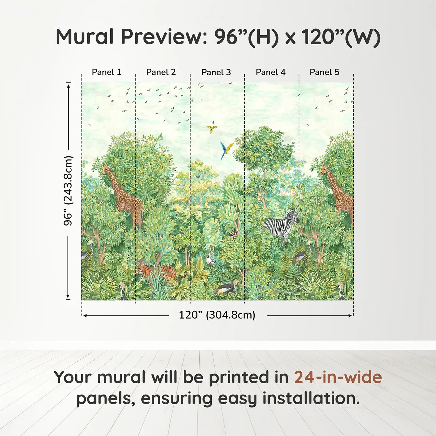 Whimsy Tots Lush Jungle Panorama Wall Muraldimension view (96" H x 120" W). Printed in five 24-inch-wide panels. Gender-Neutral