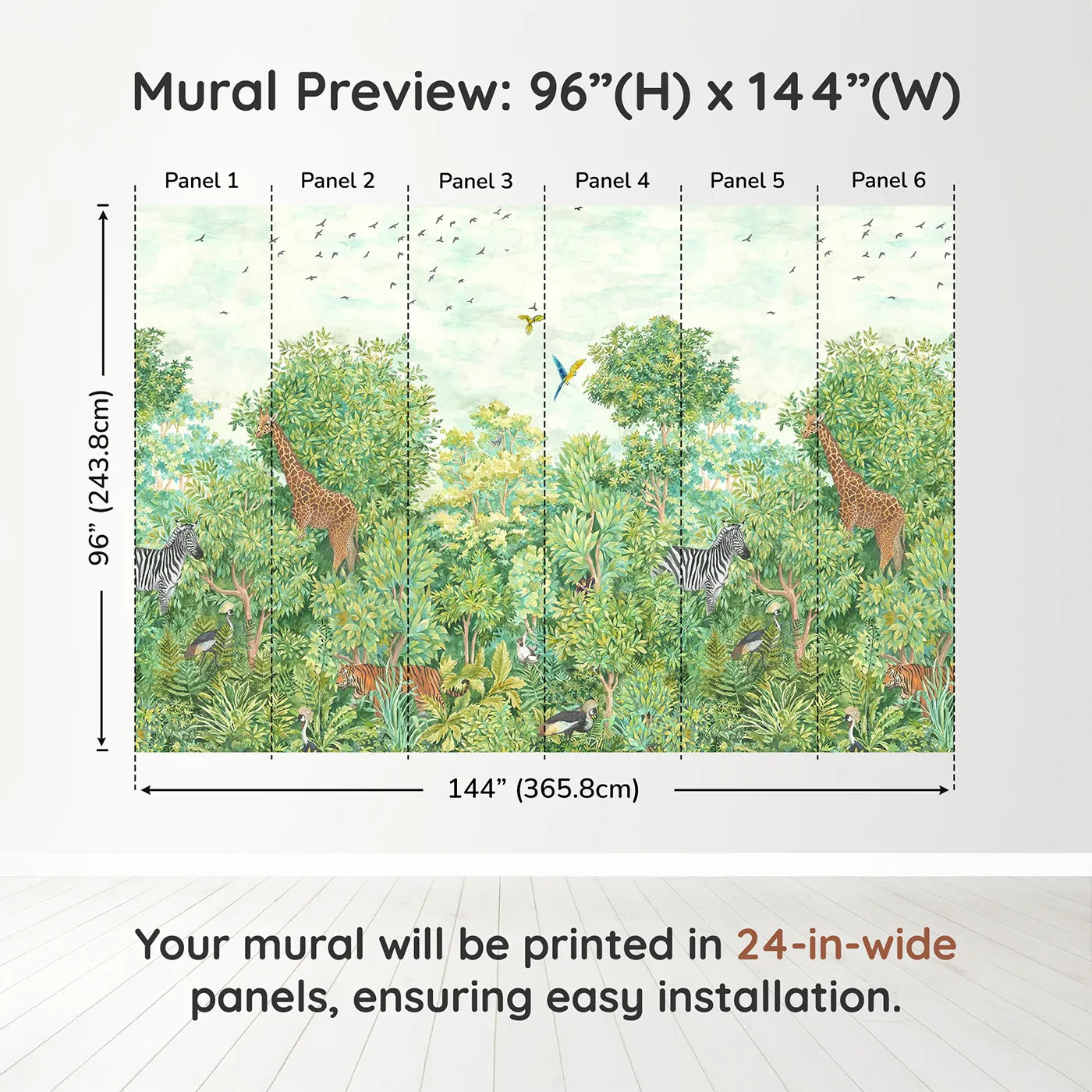 Whimsy Tots Lush Jungle Panorama Wall Muraldimension view (96" H x 144" W). Printed in six 24-inch-wide panels. Gender-Neutral