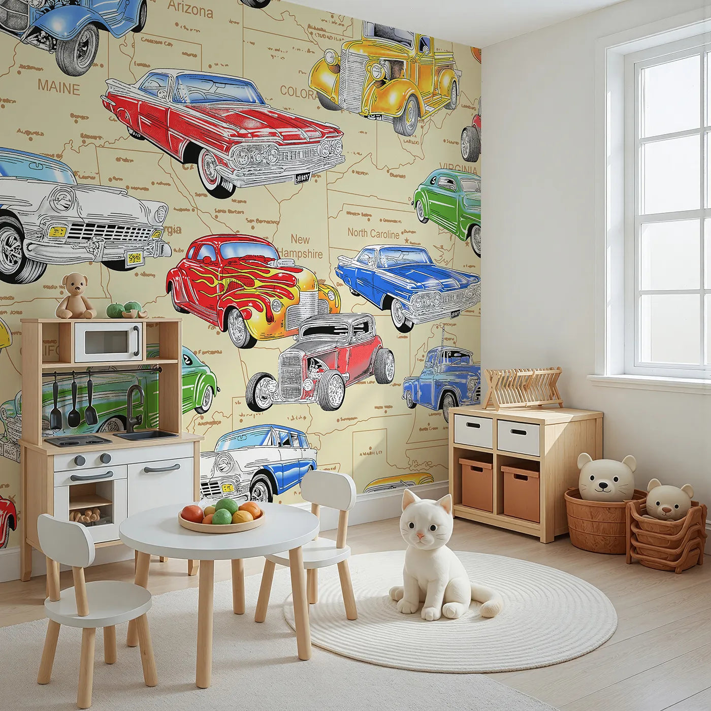 Angled view of Whimsy Tots' Classic Car Map Wall Mural (Turn Their Room into a Cross-Country Road Trip Adventure).Best for Boys