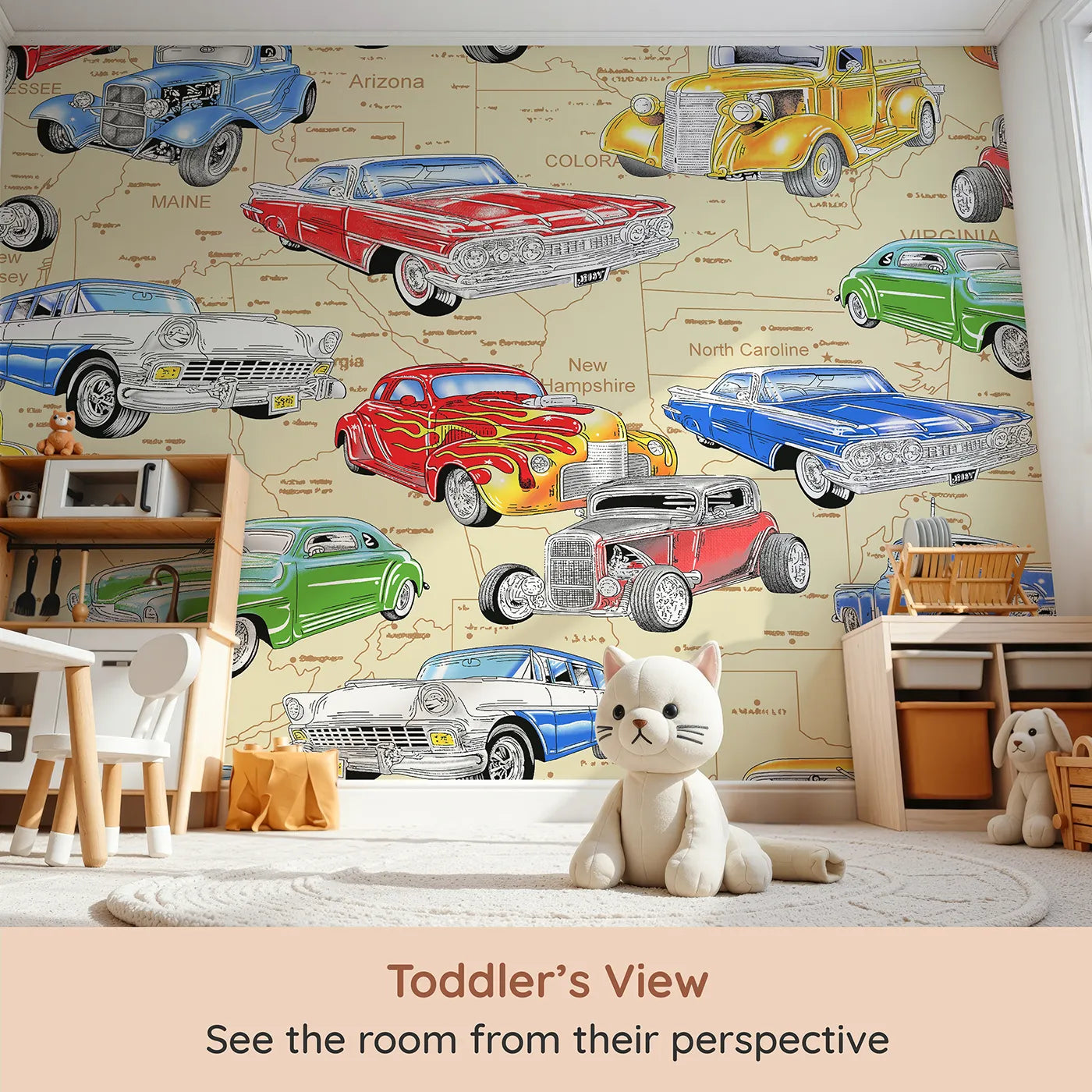 Whimsy Tots Classic Car Map Wall Mural (Turn Their Room into a Cross-Country Road Trip Adventure) from your child's view.Best for Boys