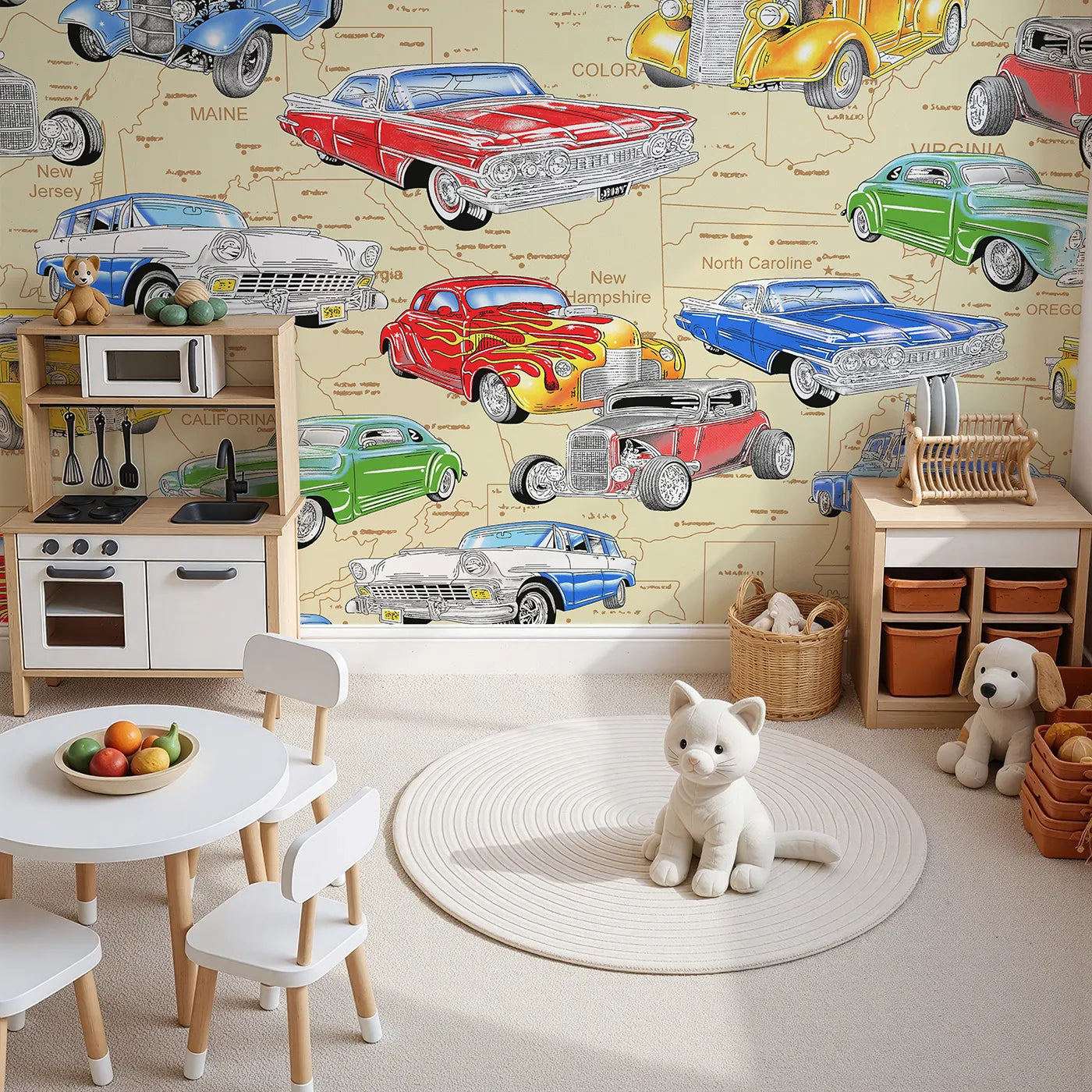 Top-down view of Whimsy Tots' Classic Car Map Wall Mural (Turn Their Room into a Cross-Country Road Trip Adventure).Best for Boys