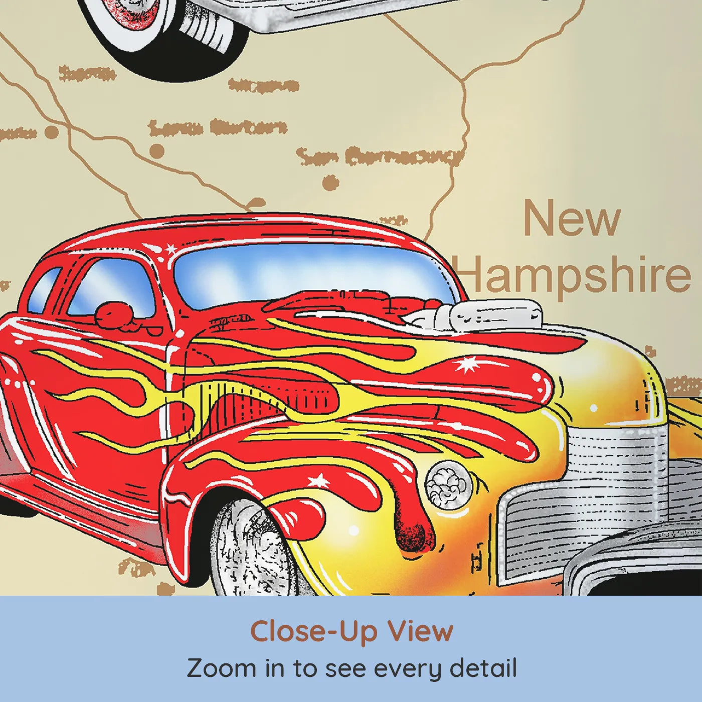 Close-up view of Whimsy Tots' Classic Car Map Wall Mural (Turn Their Room into a Cross-Country Road Trip Adventure).Best for Boys