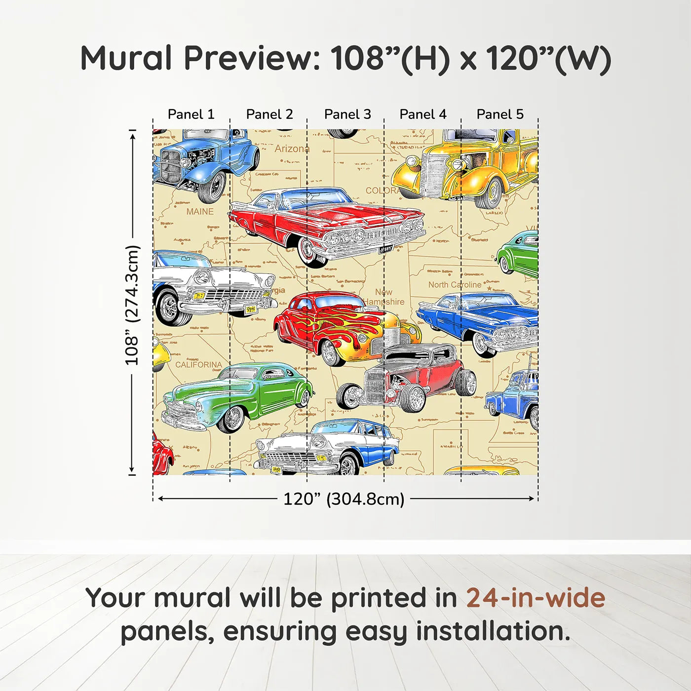 Whimsy Tots Classic Car Map Wall Muraldimension view (108" H x 120" W). Printed in five 24-inch-wide panels. Best for Boys