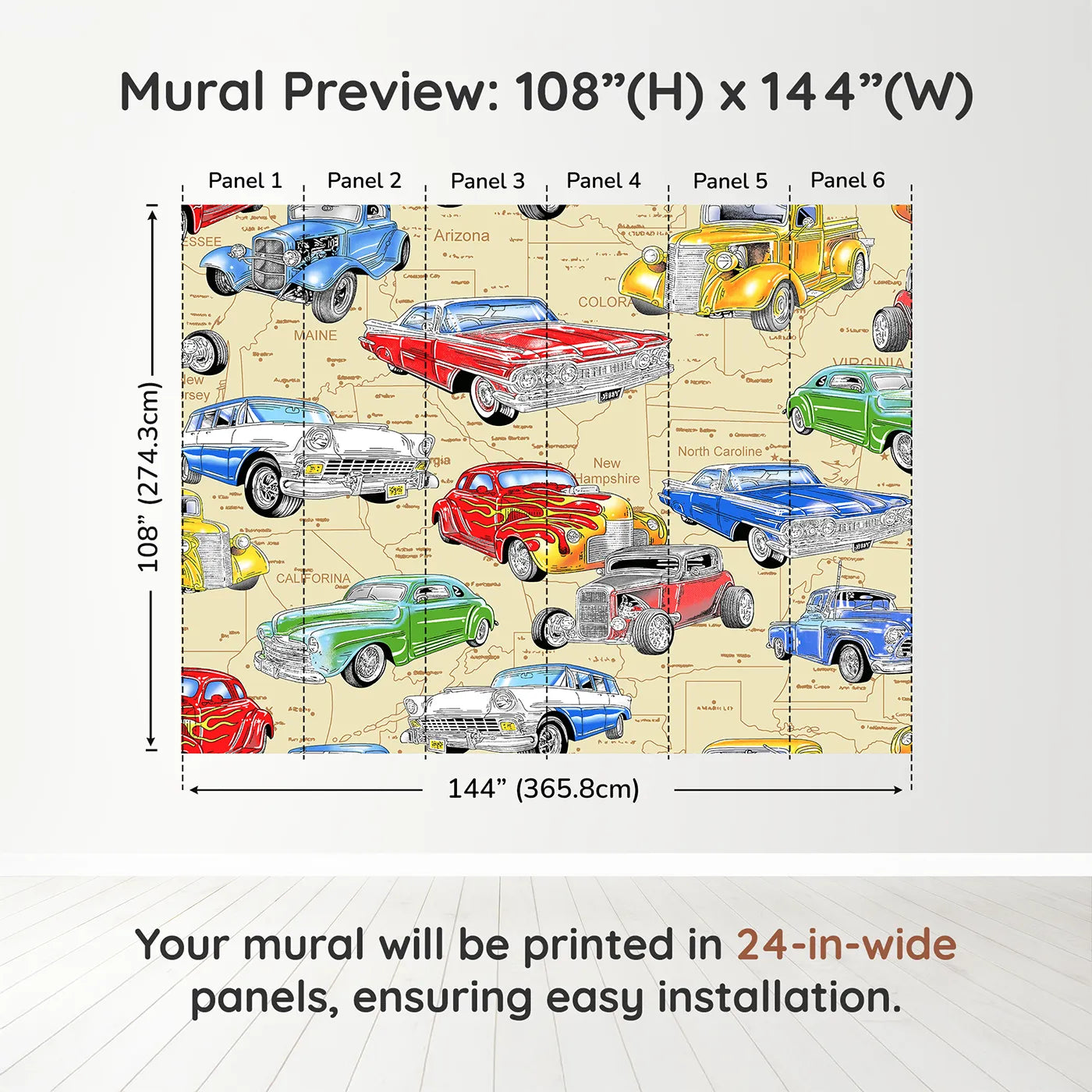 Whimsy Tots Classic Car Map Wall Muraldimension view (108" H x 144" W). Printed in six 24-inch-wide panels. Best for Boys