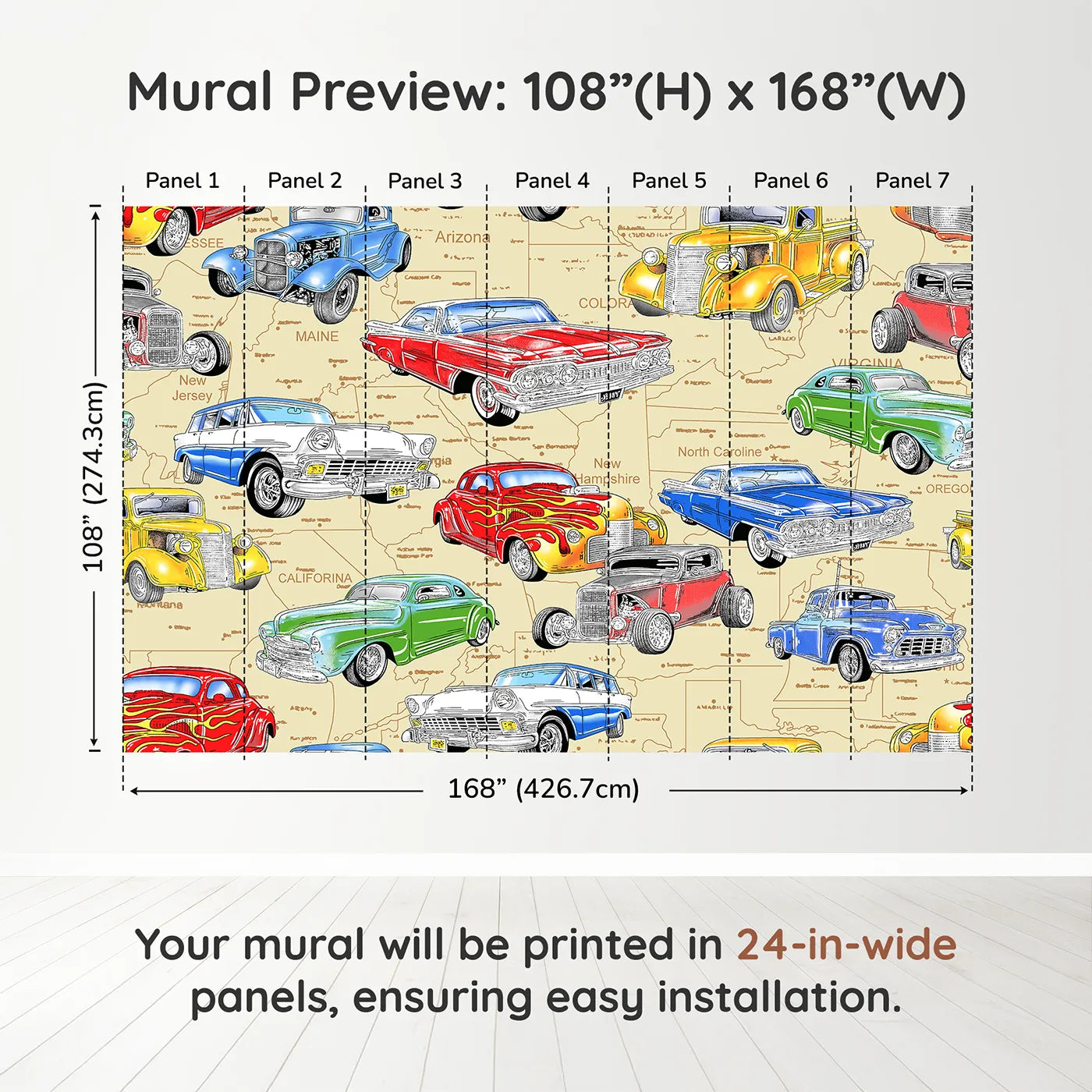 Whimsy Tots Classic Car Map Wall Muraldimension view (108" H x 168" W). Printed in seven 24-inch-wide panels. Best for Boys