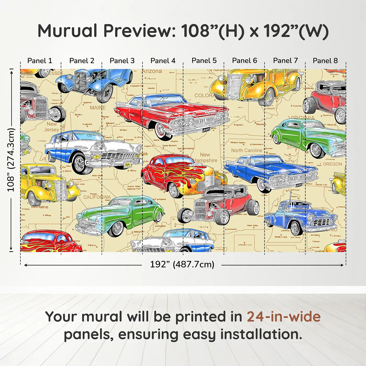 Whimsy Tots Classic Car Map Wall Muraldimension view (108" H x 192" W). Printed in eight 24-inch-wide panels. Best for Boys