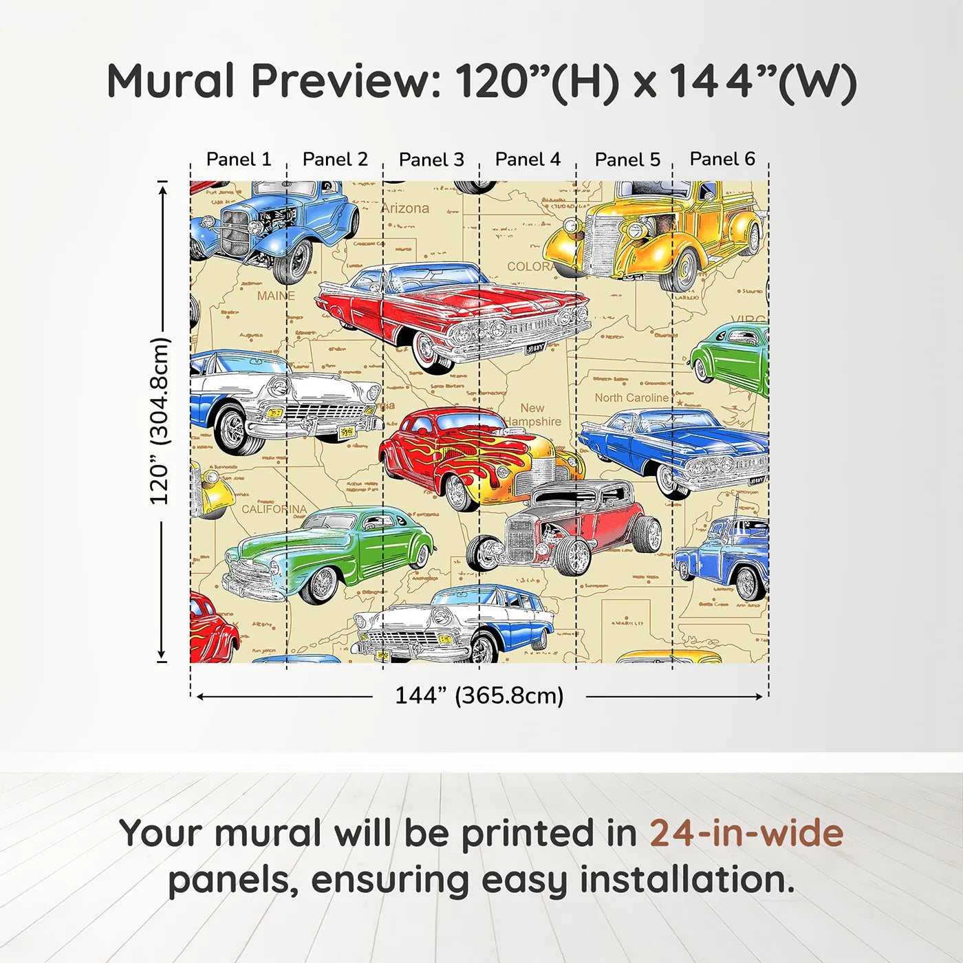 Whimsy Tots Classic Car Map Wall Muraldimension view (120" H x 144" W). Printed in six 24-inch-wide panels. Best for Boys
