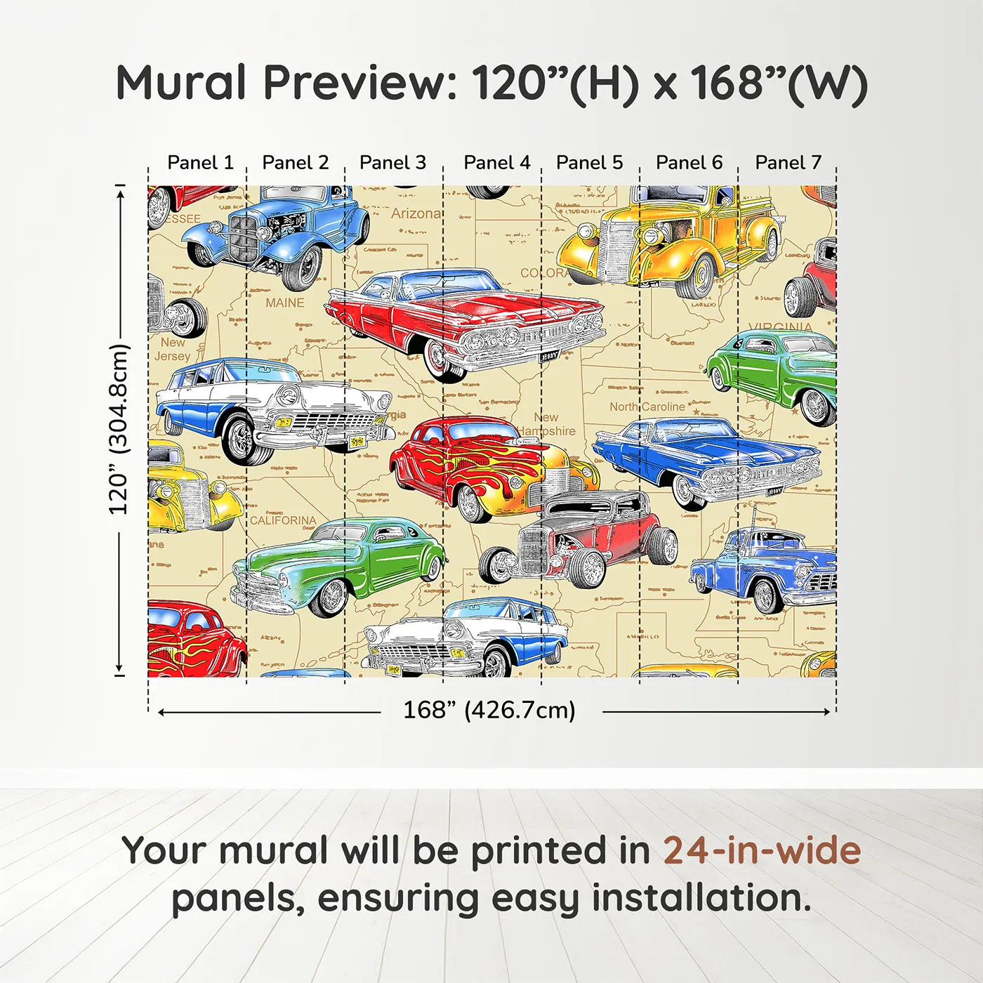 Whimsy Tots Classic Car Map Wall Muraldimension view (120" H x 168" W). Printed in seven 24-inch-wide panels. Best for Boys