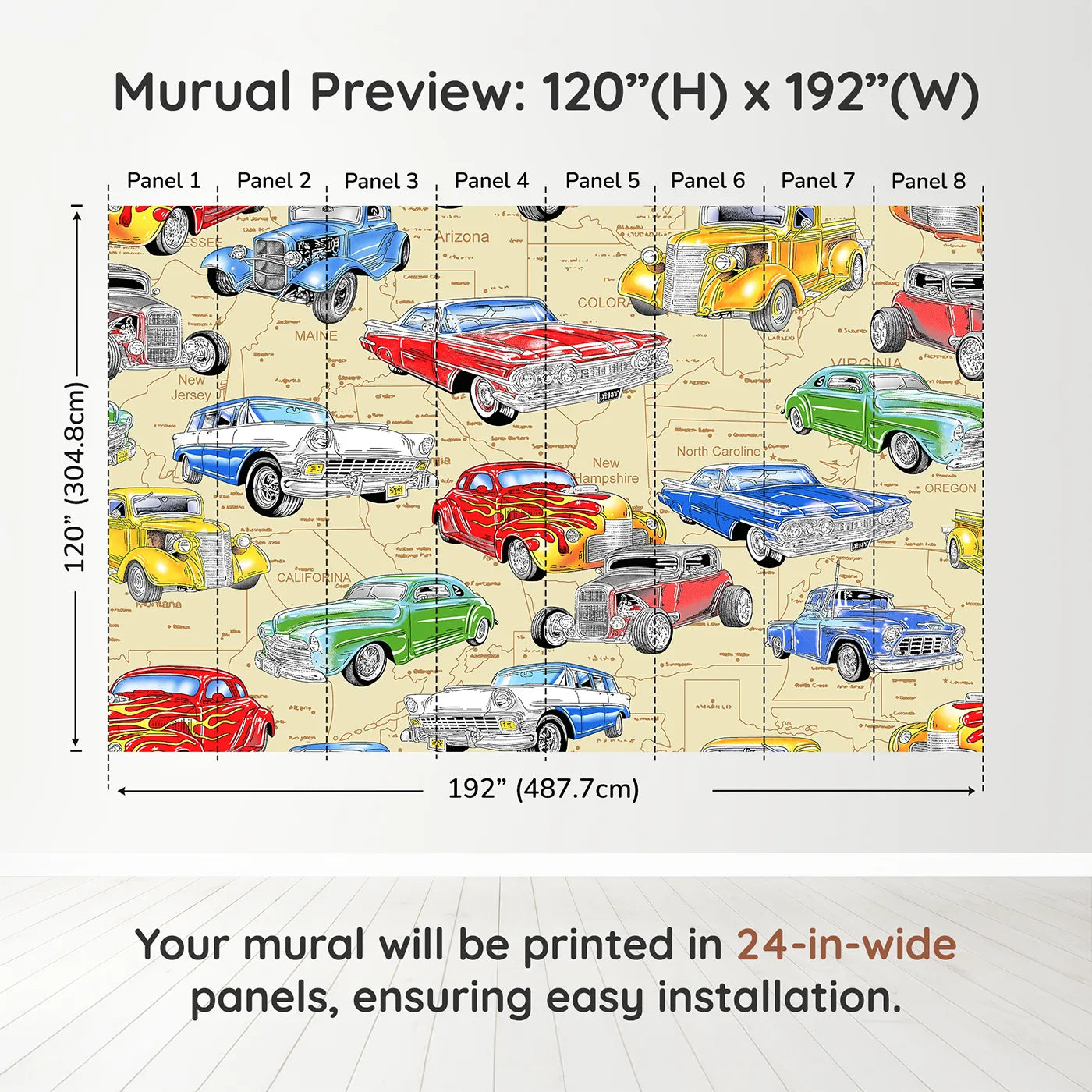 Whimsy Tots Classic Car Map Wall Muraldimension view (120" H x 192" W). Printed in eight 24-inch-wide panels. Best for Boys